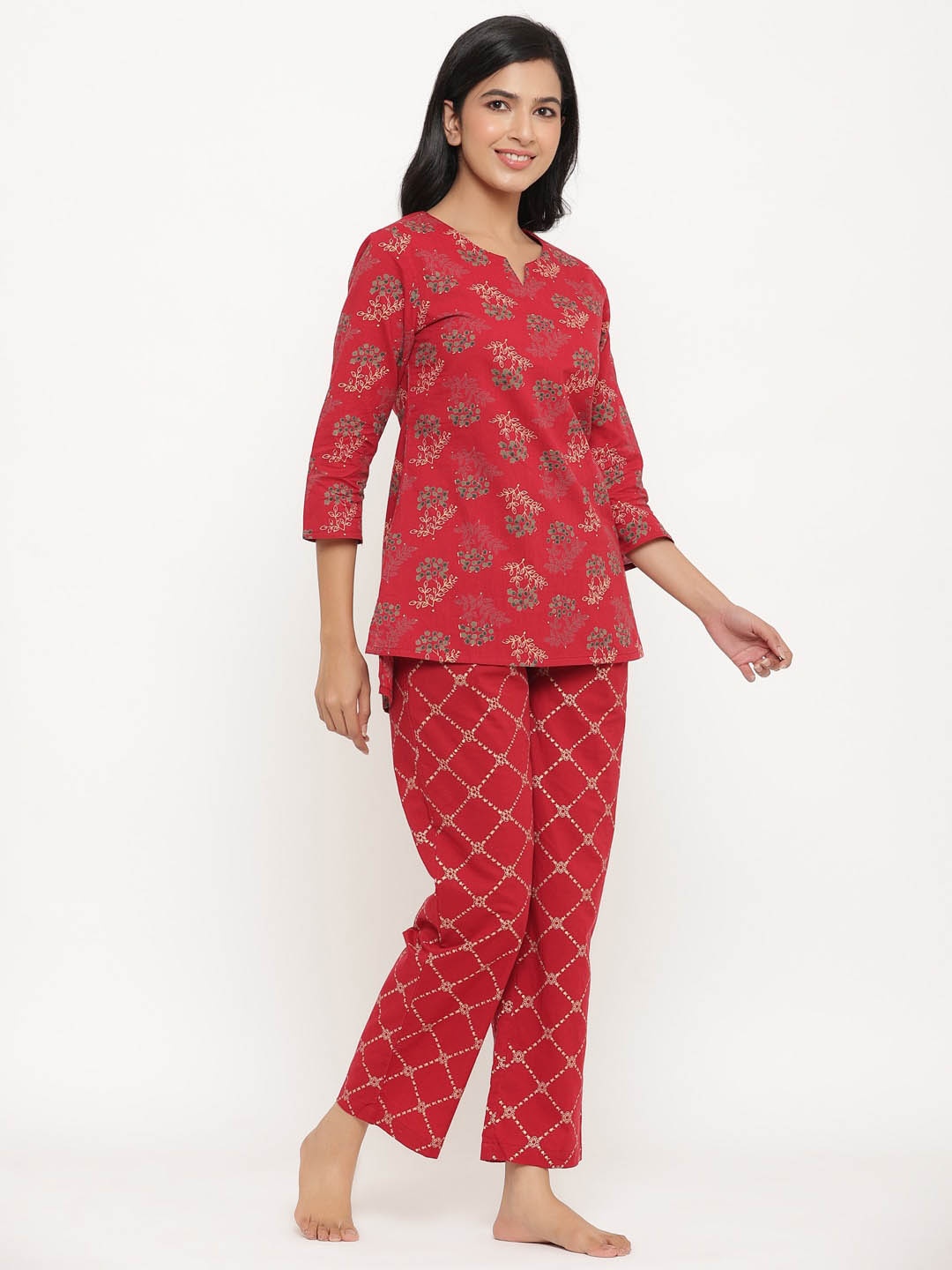 

Sangria Red & Grey Ethnic Motifs Printed Pure Cotton Top With Trouser