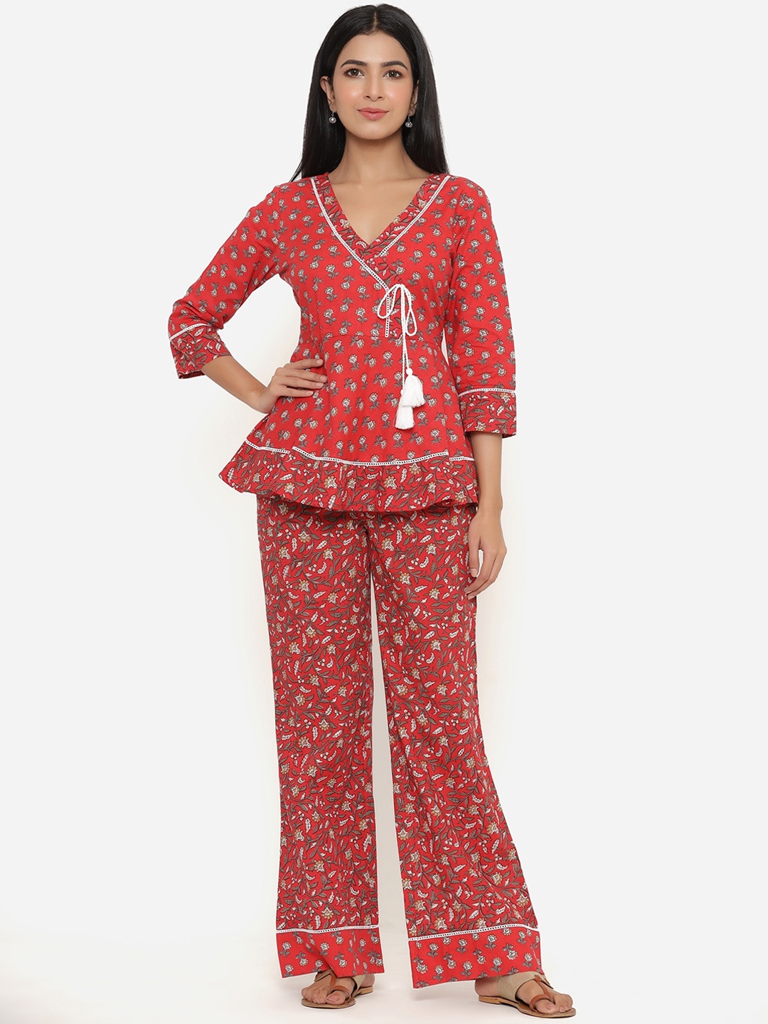 

Sangria Red & Green Printed Pure Cotton Co-Ords