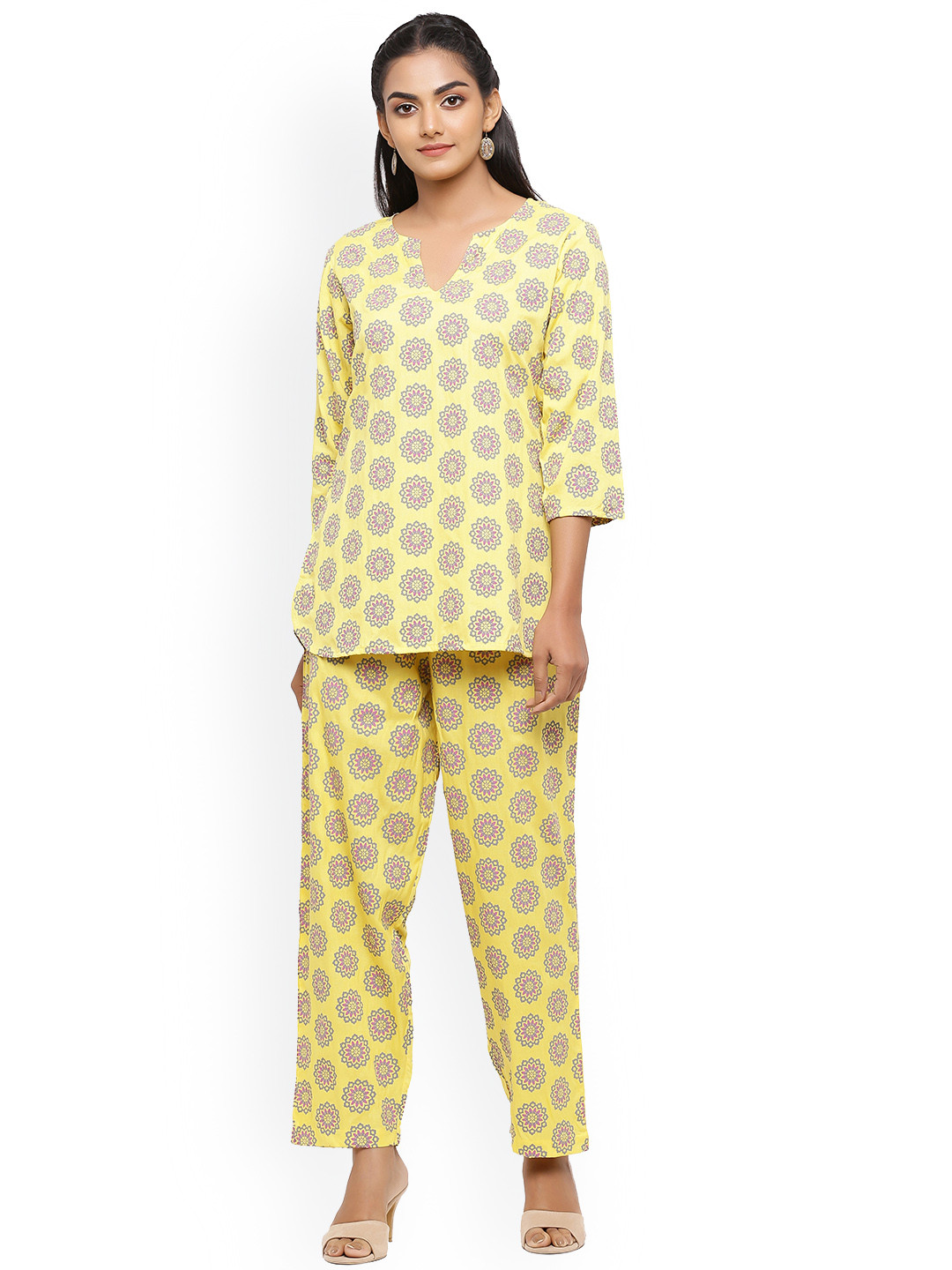 

Sangria Ethnic Motifs Printed Pure Cotton Straight Kurta With Trousers, Yellow