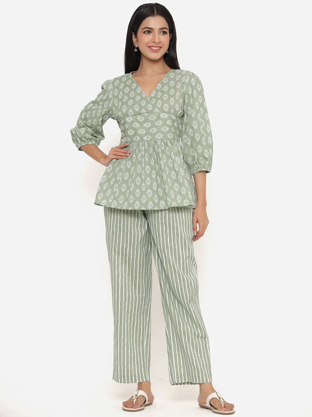 

Sangria Printed Pure Cotton Co-Ords, Green