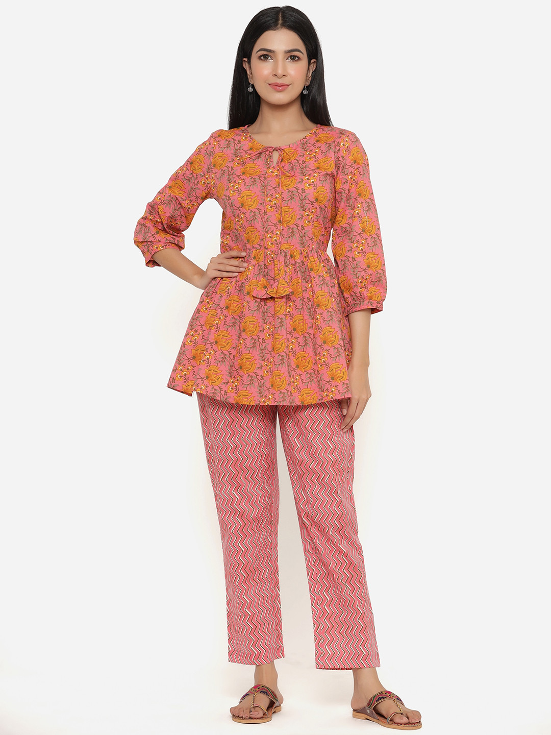 

Sangria Pink Floral Printed Pure Cotton A-Line Kurta With Trousers