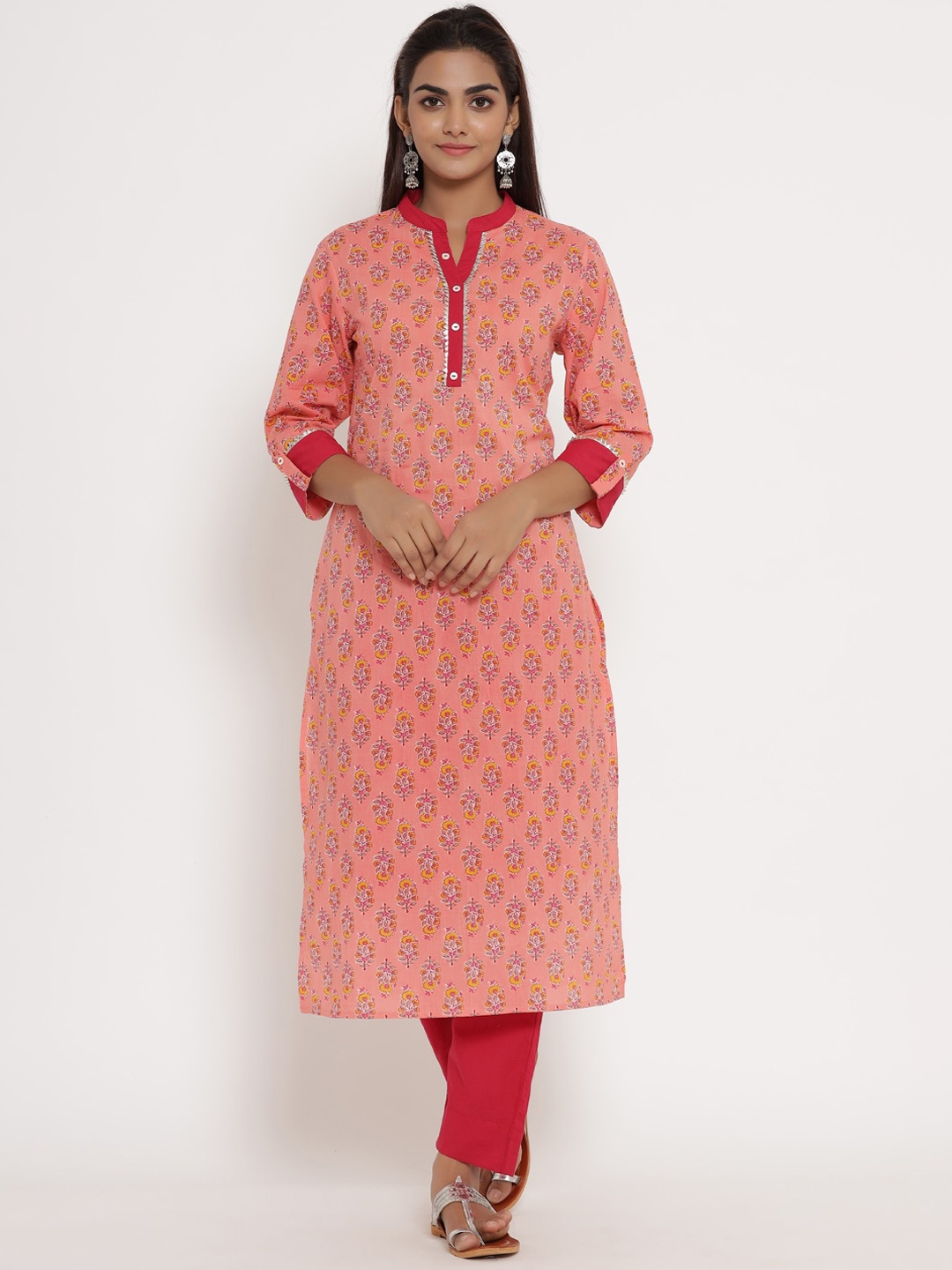 

Sangria Peach Coloured & Red Floral Printed Pure Cotton Kurta With Trouser