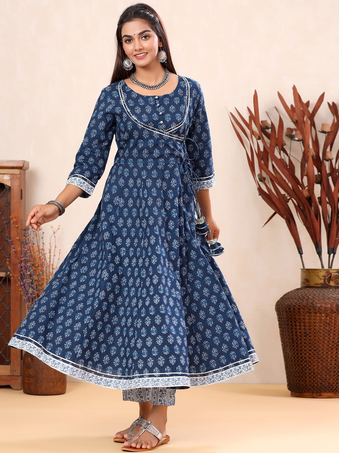 

Sangria Ethnic Motifs Printed Gotta Patti Detail Pure Cotton Anarkali Kurta With Trousers, Blue