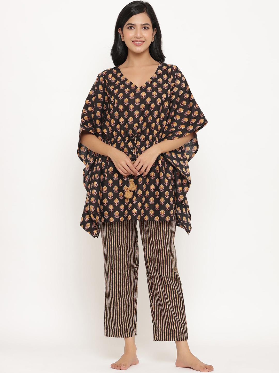 

Sangria Black Floral Printed Pure Cotton Kaftan With Trouser