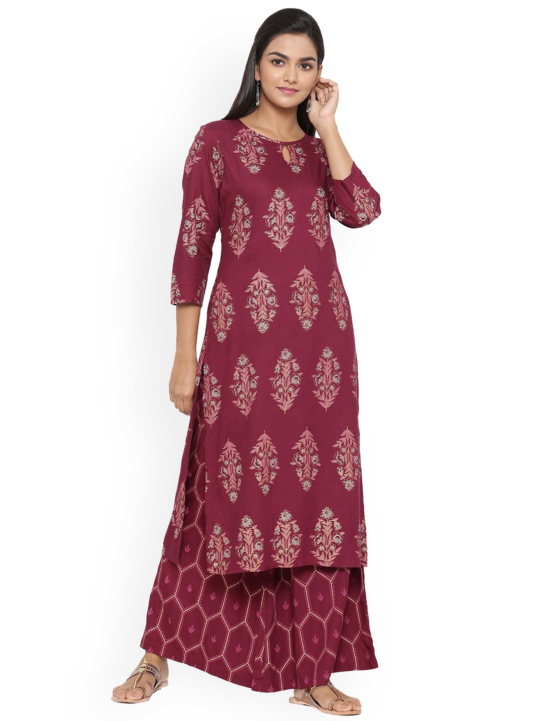 

Sangria Ethnic Motifs Printed Pure Cotton Regular Kurta With Trousers, Maroon