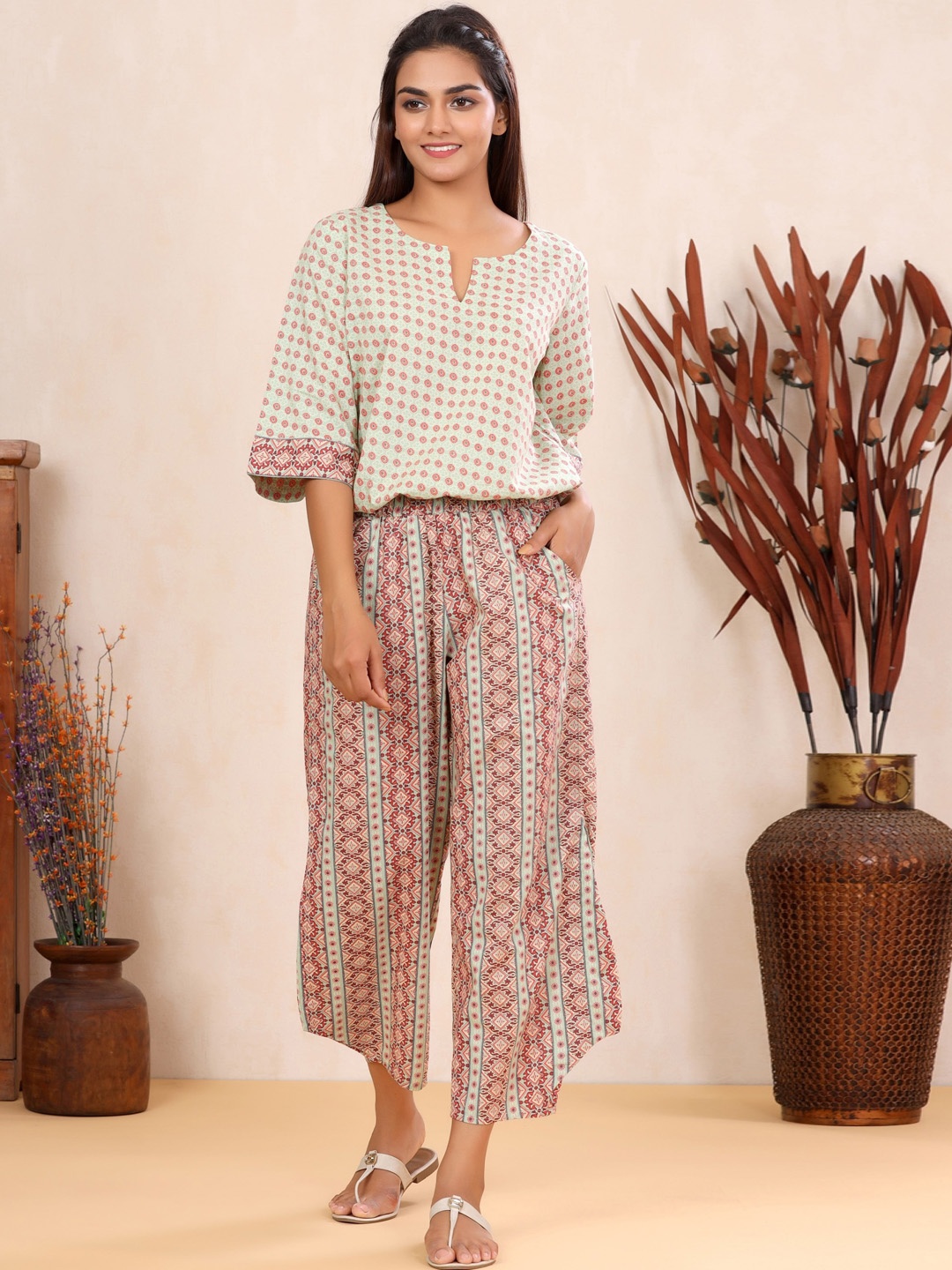 

Sangria Ethnic Motifs Printed Pure Cotton Top With Palazzo, Peach