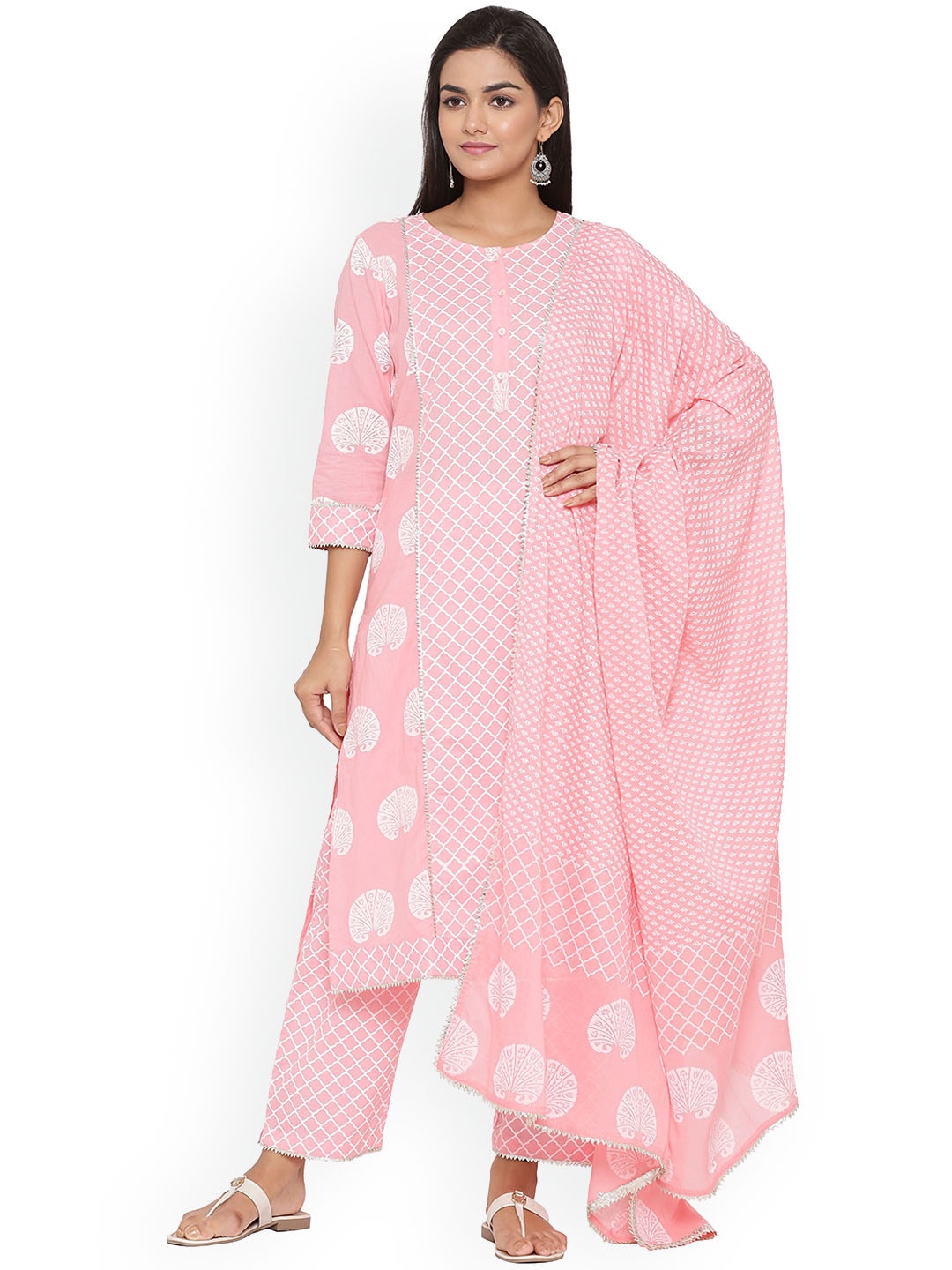 

Sangria Pink & White Ethnic Motifs Printed Pure Cotton Kurta With Trouser & Dupatta