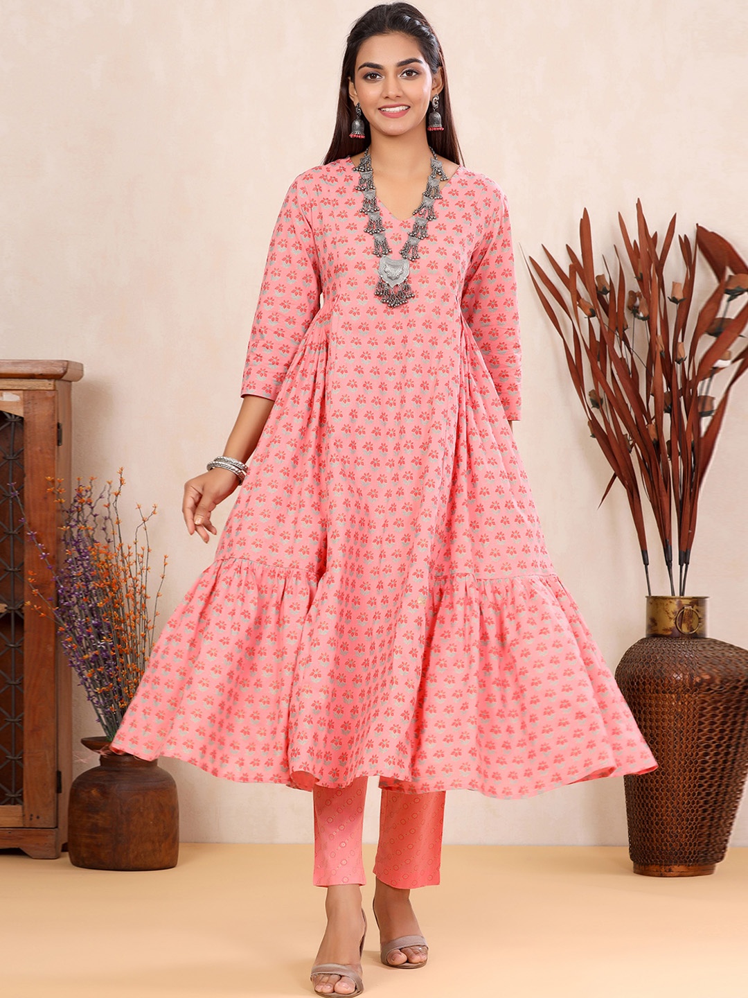 

Sangria Pink Ethnic Motifs Printed Pure Cotton A-Line Kurta Set
