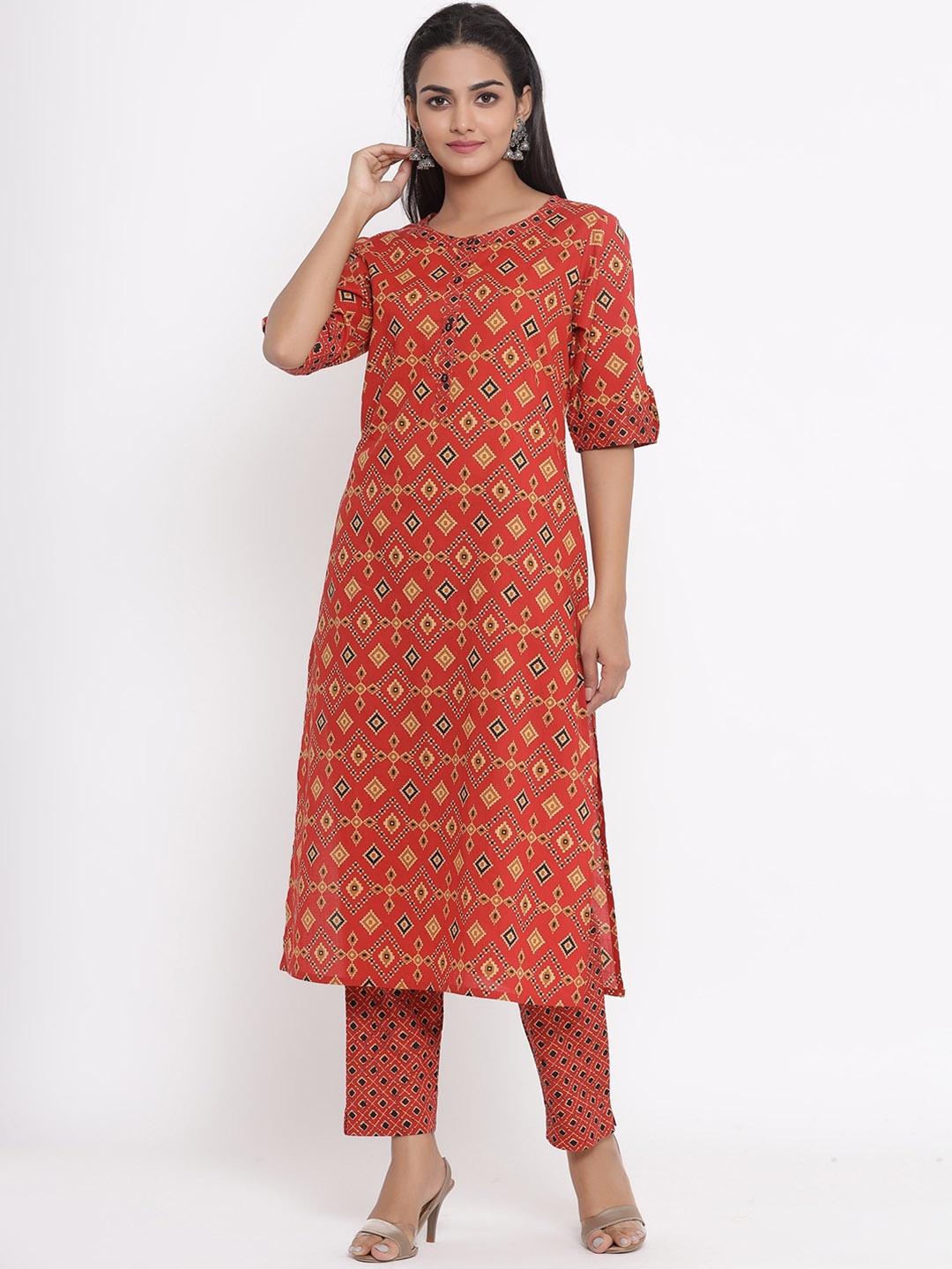 

Sangria Floral Printed Pure Cotton Regular Kurta With Trousers, Orange