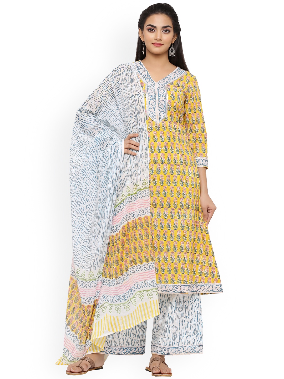 

Sangria Floral Printed Pure Cotton A-Line Kurta With Palazzos With Dupatta, Yellow