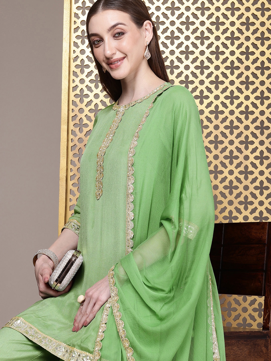 

House of Pataudi Women Jashn Gotta Patti Kurti With Palazzos & Dupatta, Green