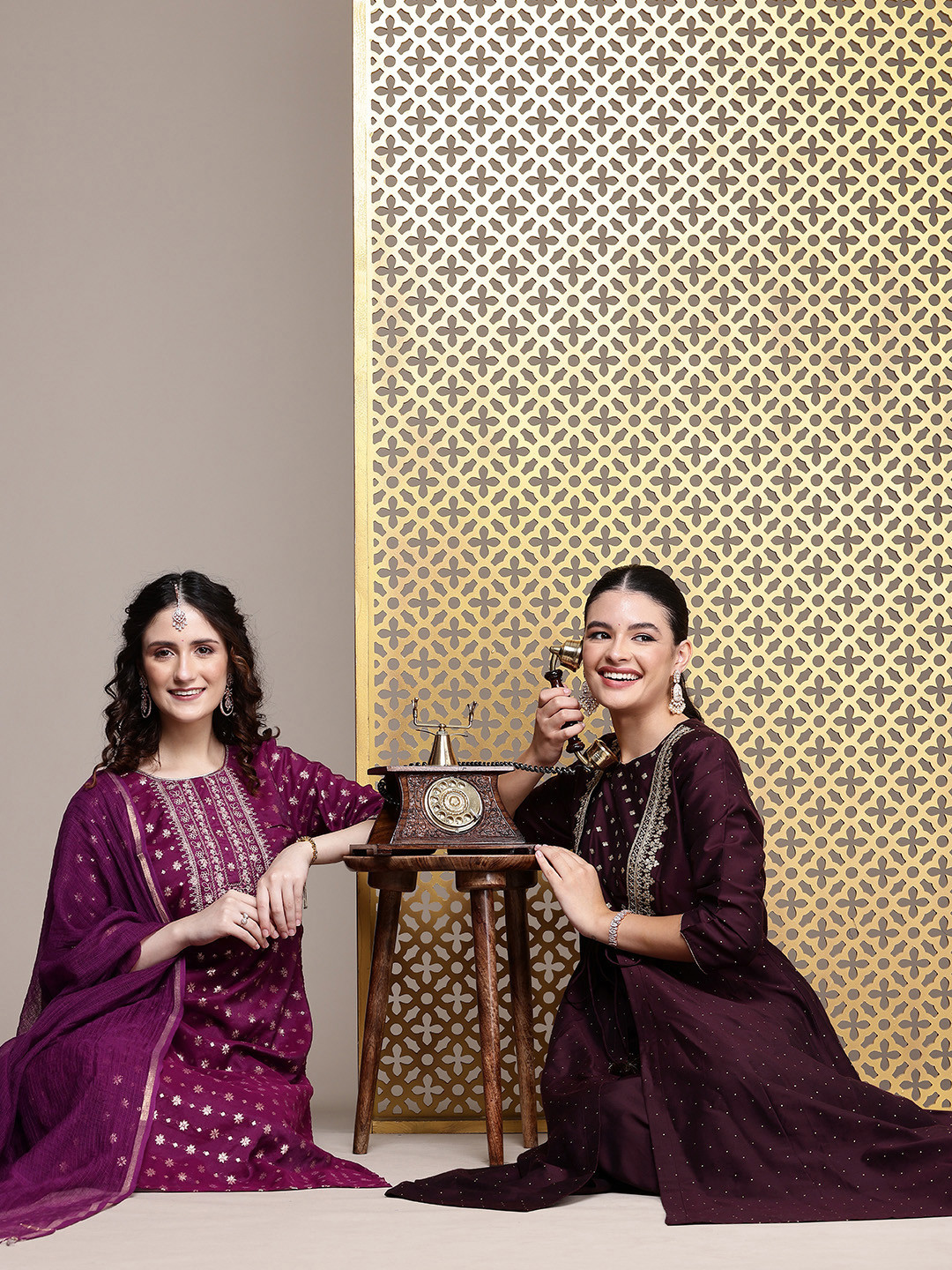 

House of Pataudi Women Jashn Yoke Design Sequined Zari Kurta With Palazzos & Jacket, Burgundy