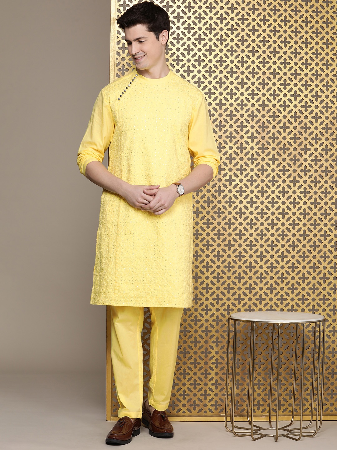 

House of Pataudi Embroidered Angrakha Pure Cotton Jashn Kurta with Trousers, Yellow