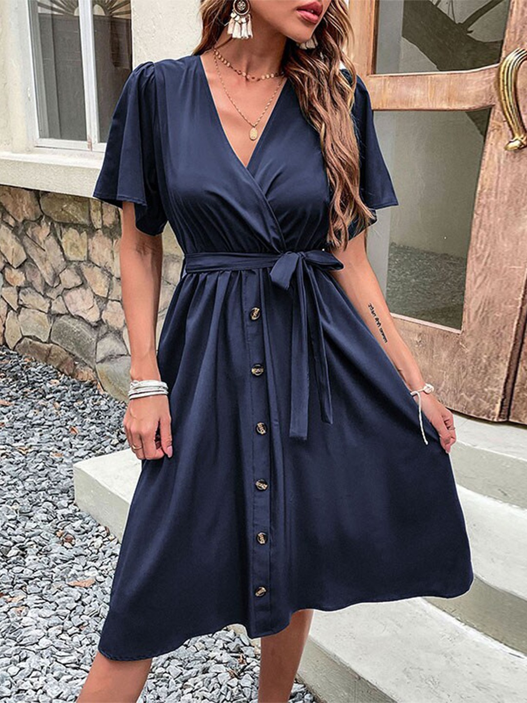 

StyleCast Navy Blue V-Neck Flared Sleeve Tie-Ups Shirt Dress