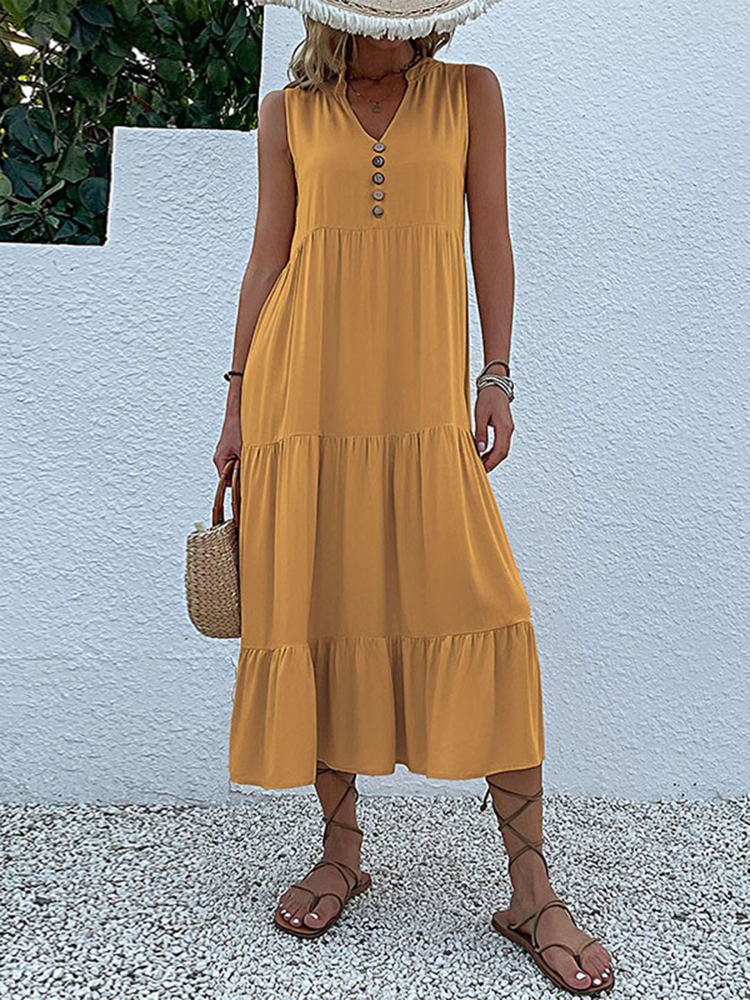 

StyleCast Yellow Sleeveless Tiered Fit and Flare Midi Dress