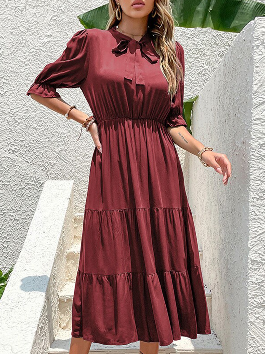 

StyleCast Brown Tie-Up Neck Puff Sleeves Midi Dress