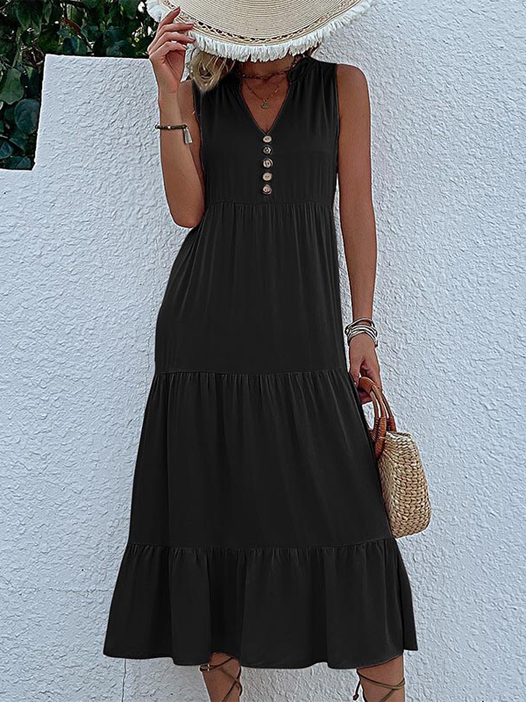 

StyleCast Black V-Neck Tiered A-Line Midi Dress