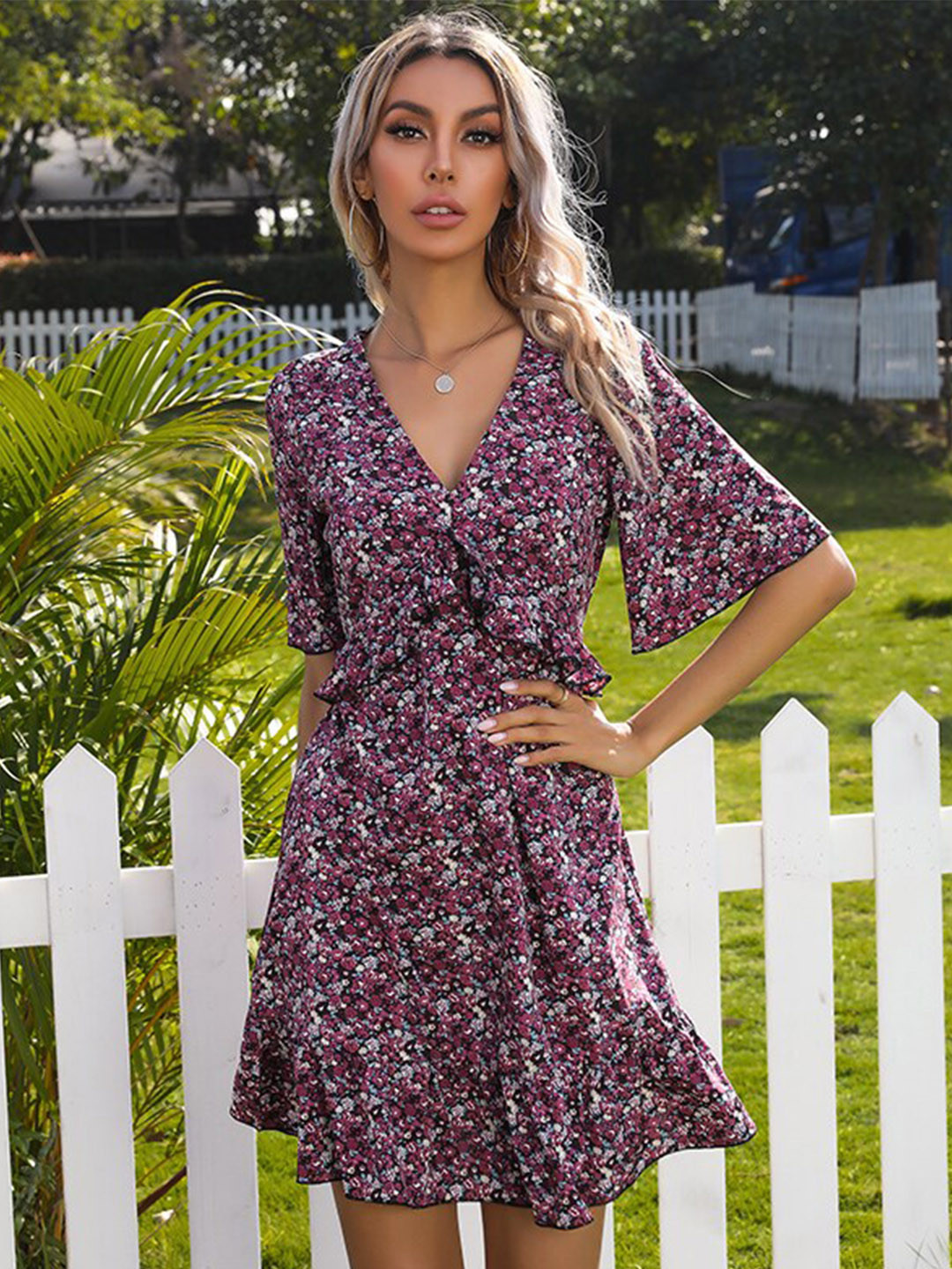 

StyleCast Burgundy Floral Printed V-Neck Bell Sleeves Ruffles A-Line Mini Dress
