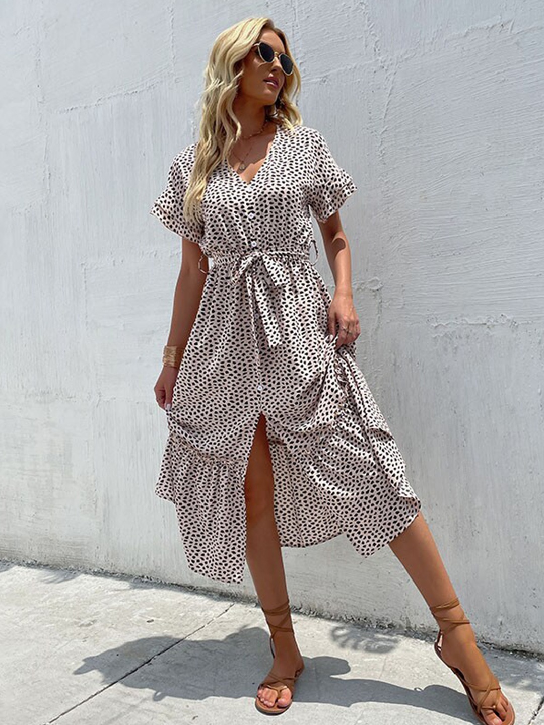 

StyleCast Beige Abstract Printed V-Neck Tie-Ups A-Line Dress