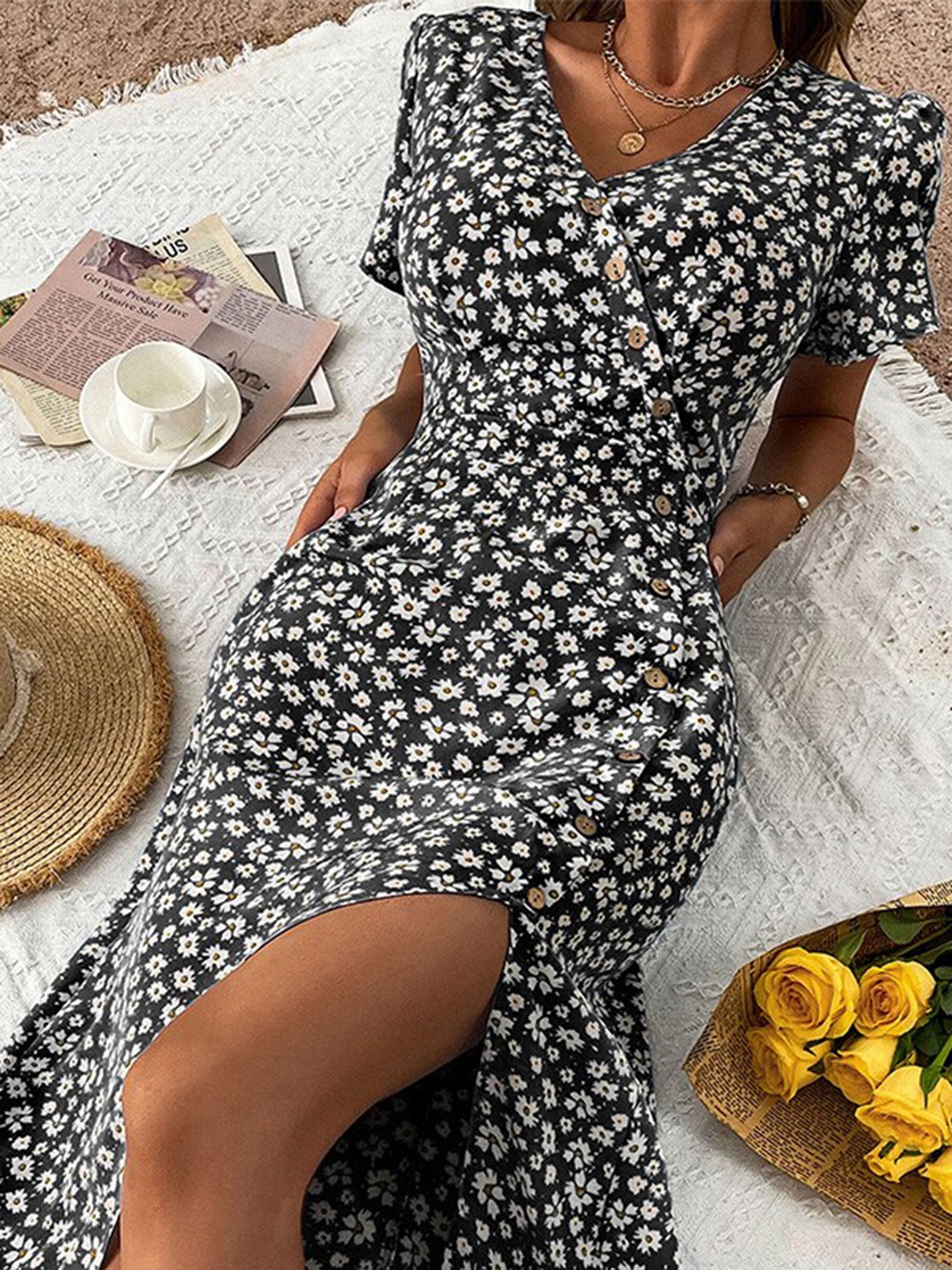 

StyleCast Floral Printed V-Neck A-line Dress, Black