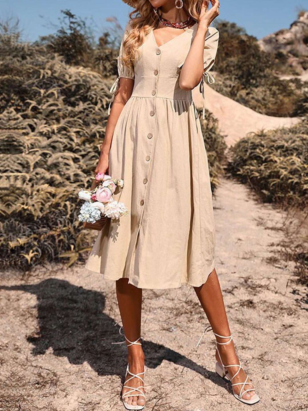 

StyleCast Beige V-Neck Midi A-Line Dress
