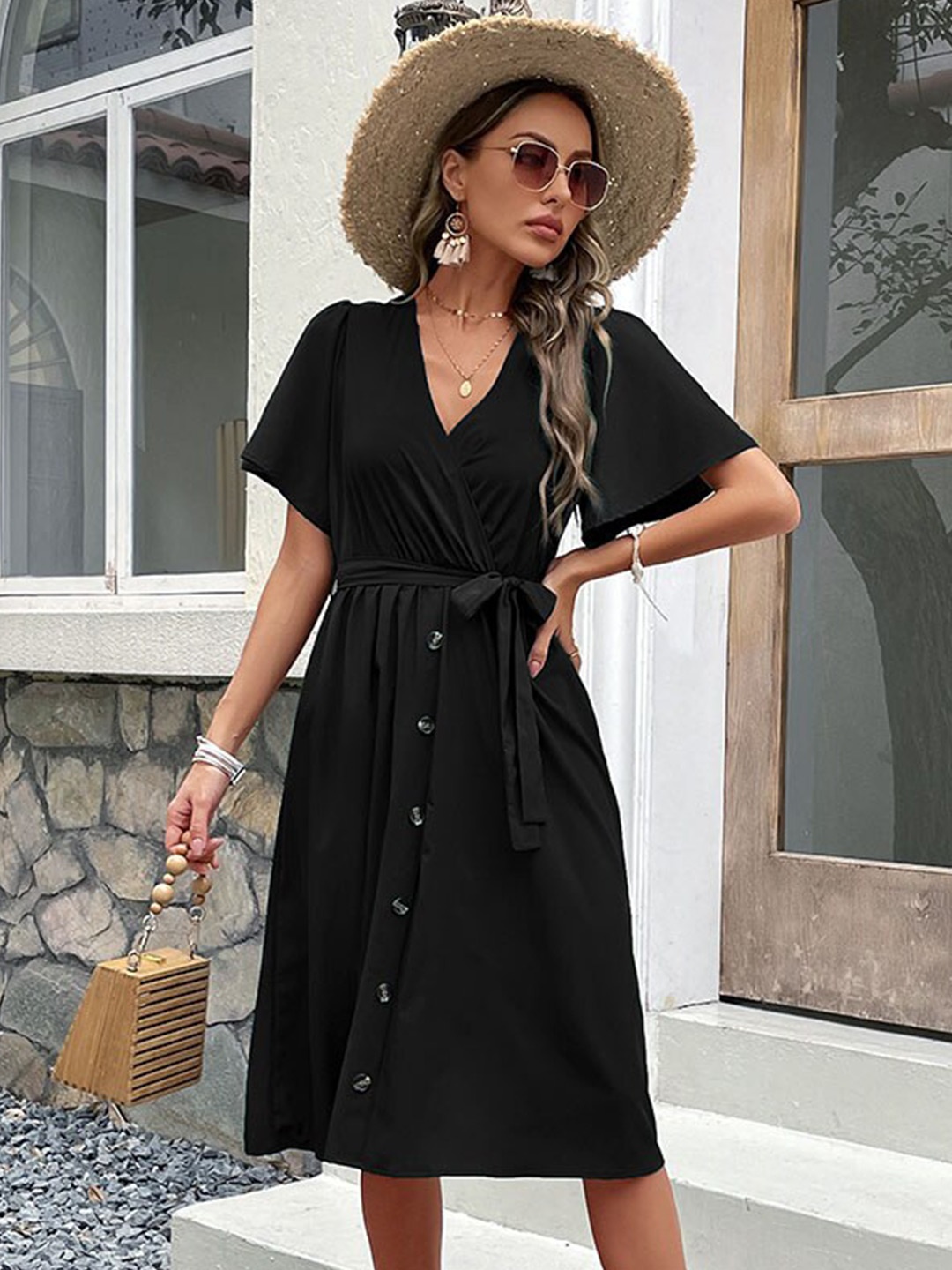 

StyleCast Navy Blue V-Neck Flared Sleeves Belted A-Line Midi Dress