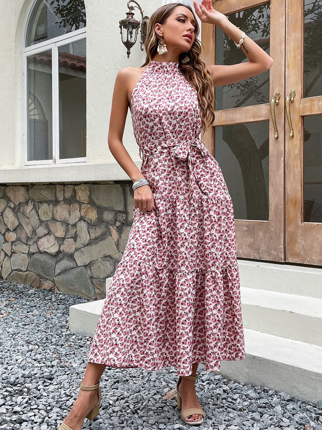 

StyleCast White & Pink Floral Printed Halter Neck Tiered A-Line Dress