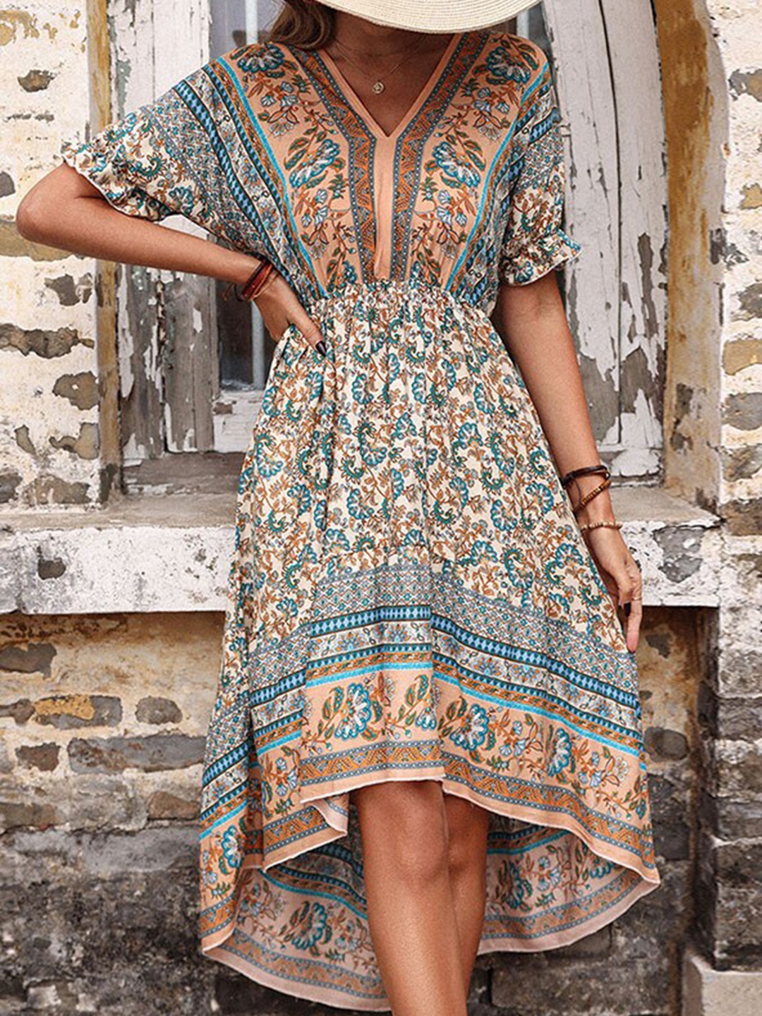 

StyleCast Beige Floral Printed High-Low A-Line Dress