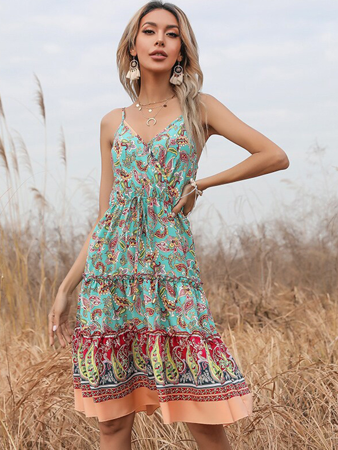 

StyleCast Green & Pink Ethnic Motifs Printed A Line Dress