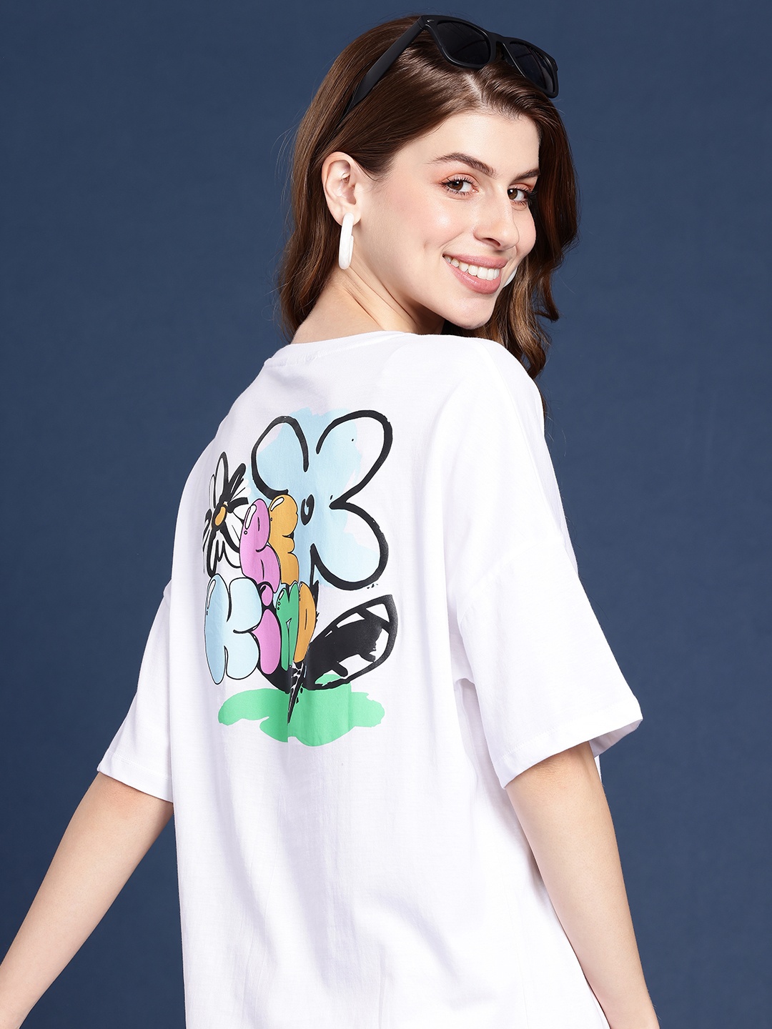 

Mast & Harbour Women Graphic Printed Pure Cotton Oversized T-shirt, White