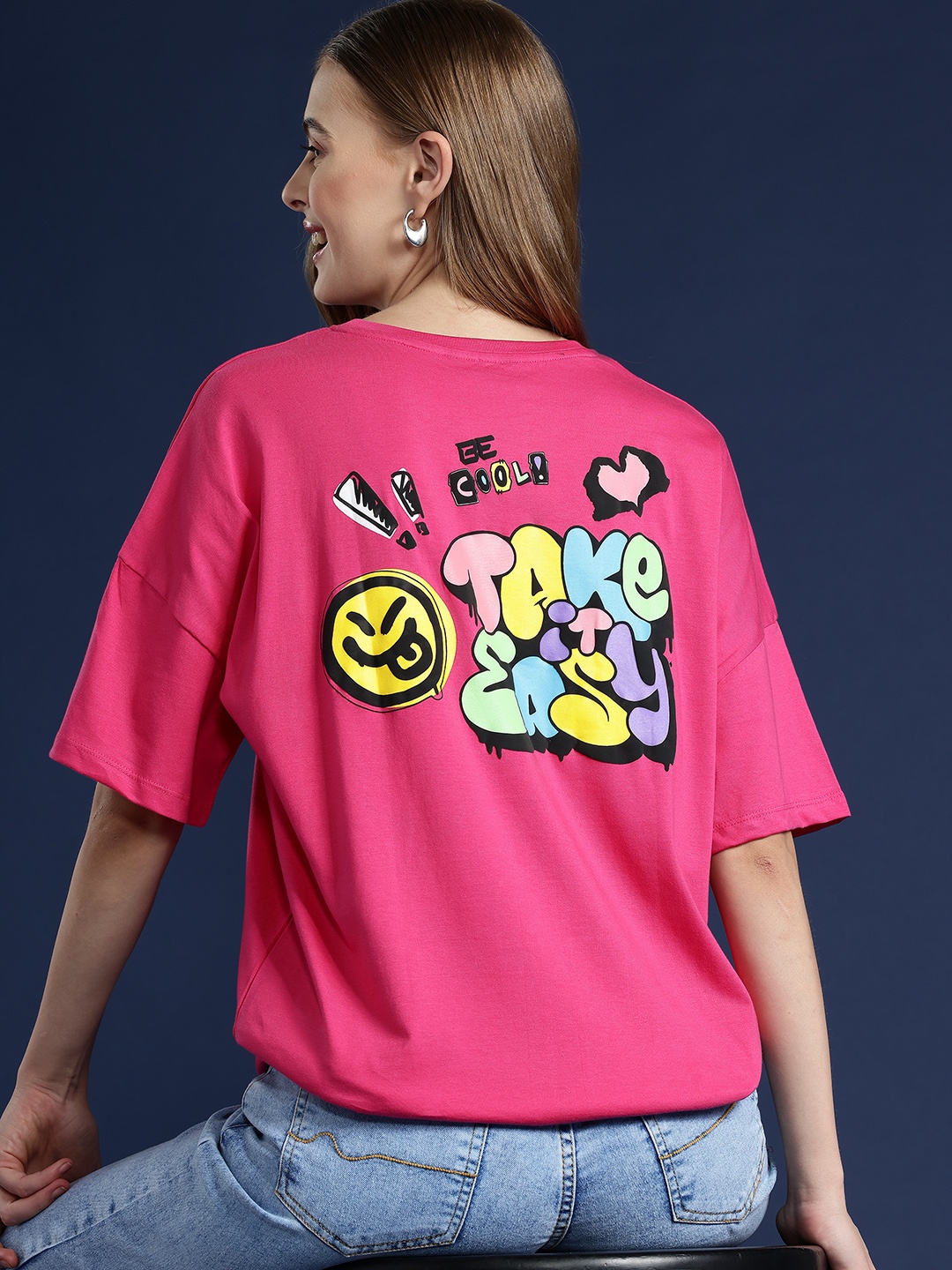 

Mast & Harbour Printed Drop-Shoulder Sleeves Pure Cotton T-shirt, Pink
