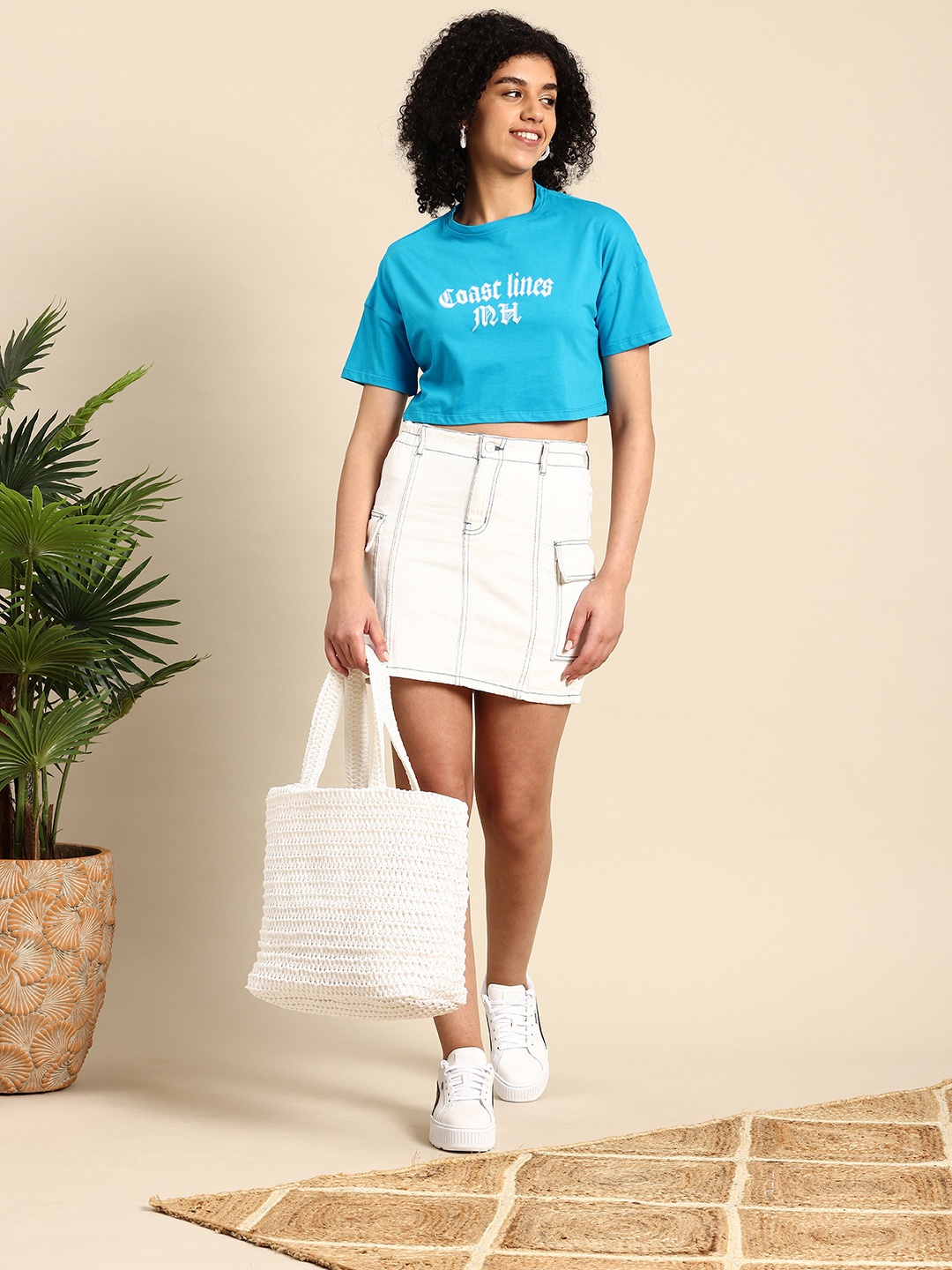 

Mast & Harbour Printed Drop-Shoulder Sleeves Pure Cotton Boxy T-shirt, Blue