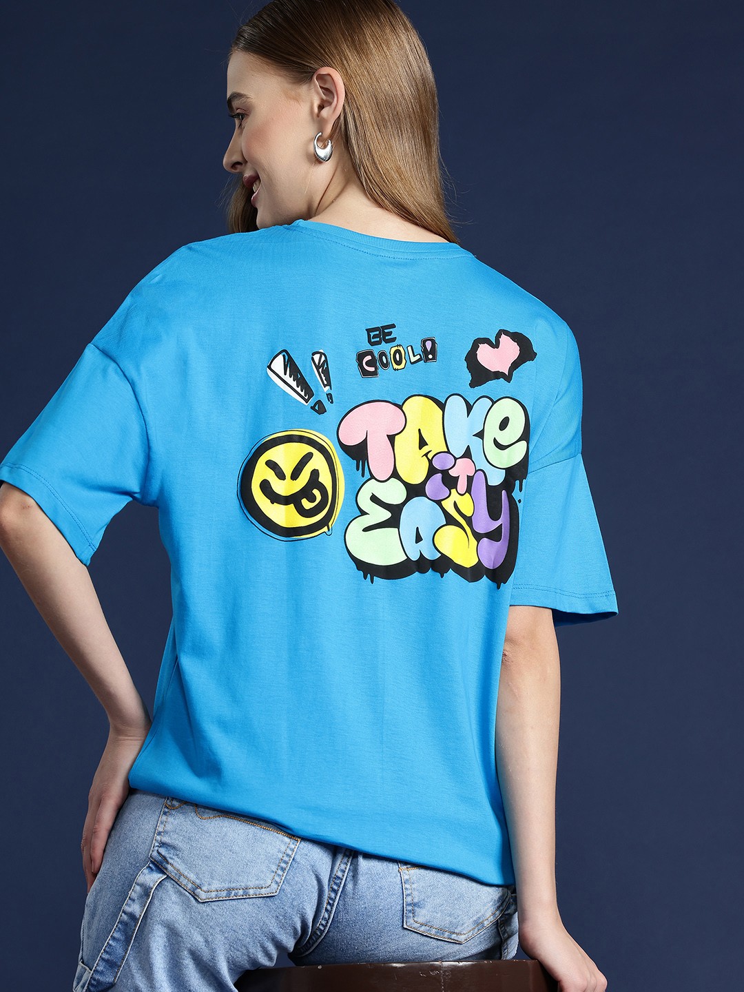 

Mast & Harbour Printed Drop-Shoulder Sleeves Pure Cotton T-shirt, Blue