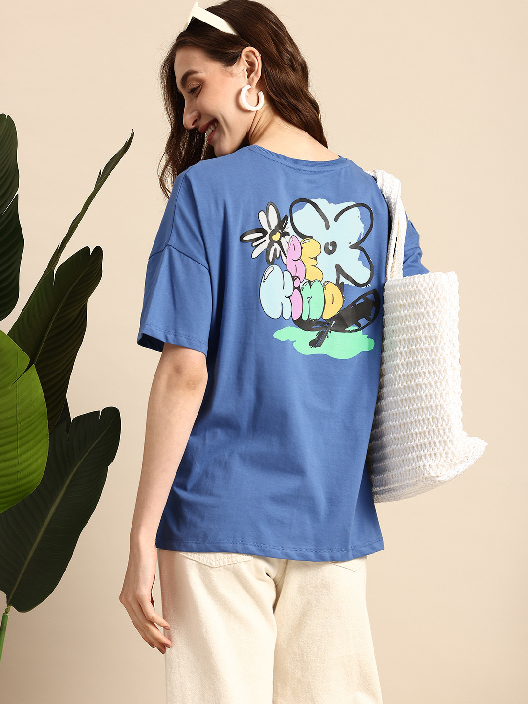 

Mast & Harbour Printed Drop-Shoulder Sleeves Pure Cotton T-shirt, Blue