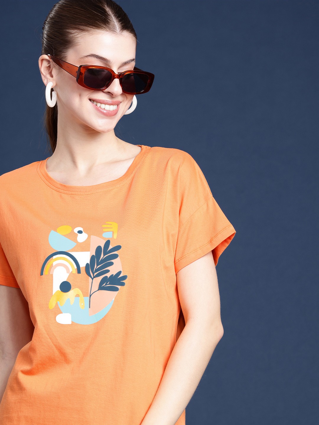 

Mast & Harbour Pure Cotton Graphic Printed Drop-Shoulder Sleeves T-shirt, Orange