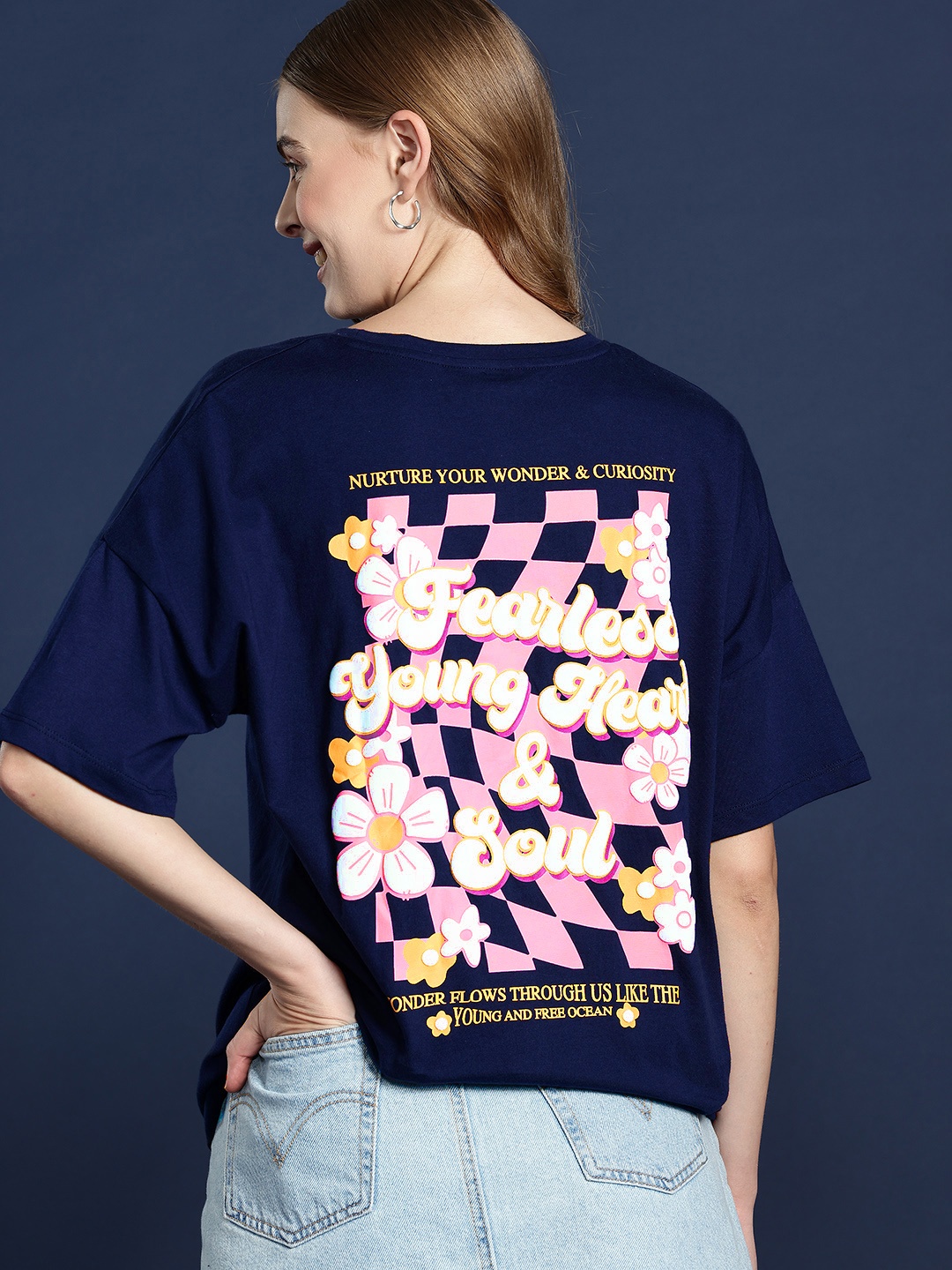 

Mast & Harbour Printed Drop-Shoulder Sleeves Pure Cotton Relaxed T-shirt, Navy blue