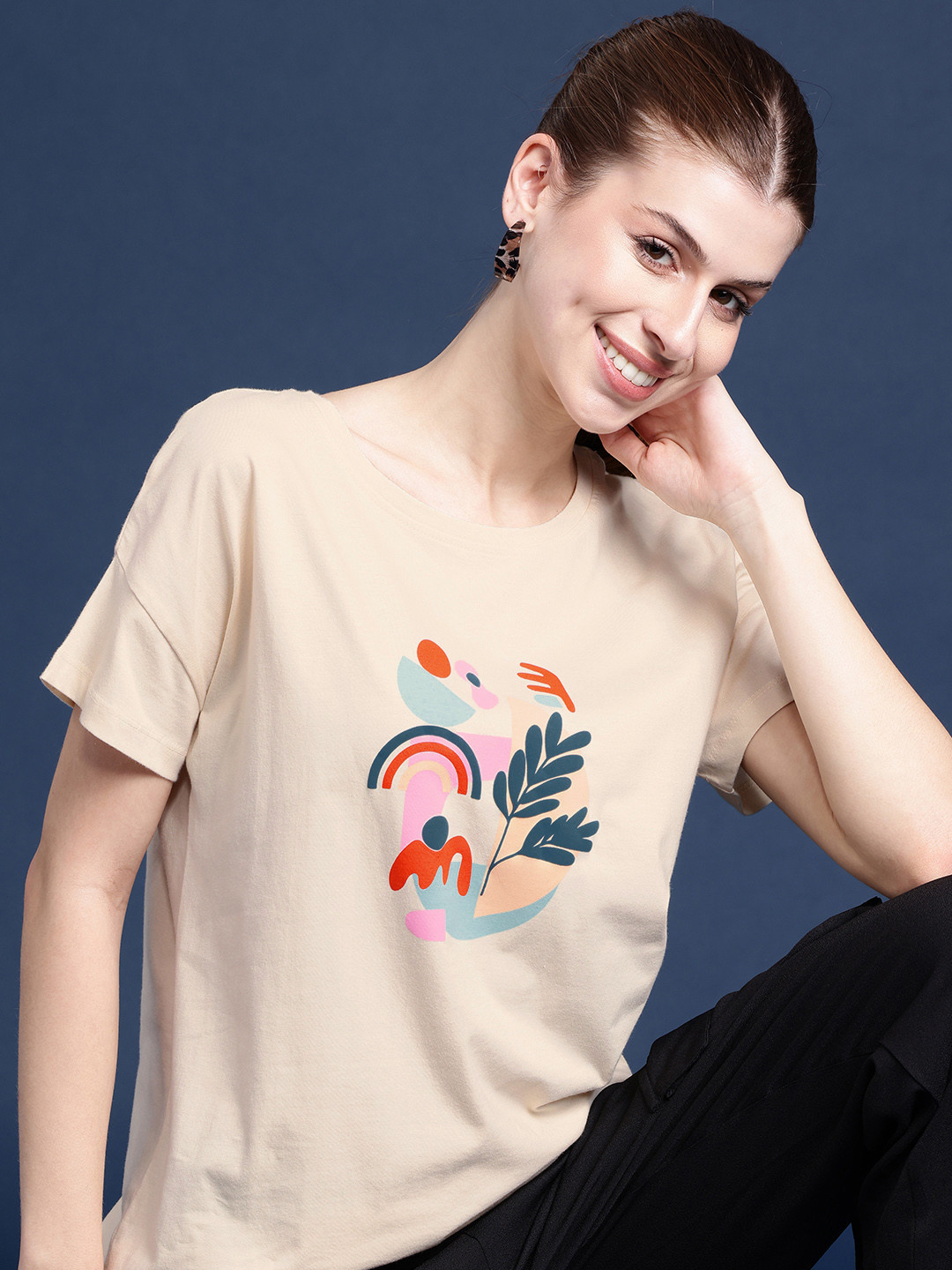 

Mast & Harbour Pure Cotton Graphic Printed Drop-Shoulder Sleeves T-shirt, Beige