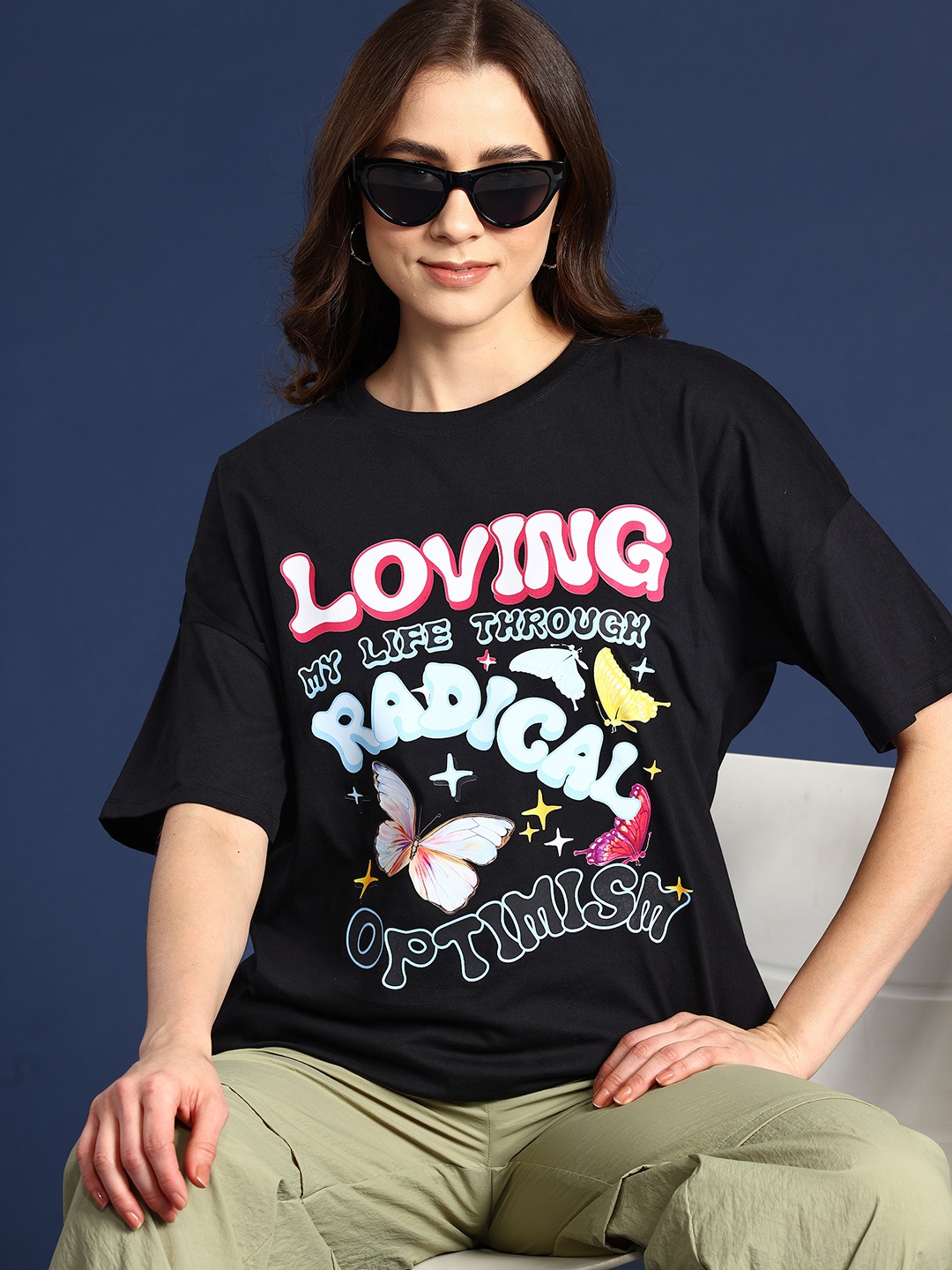 

Mast & Harbour Printed Drop-Shoulder Sleeves Pure Cotton Relaxed T-shirt, Black