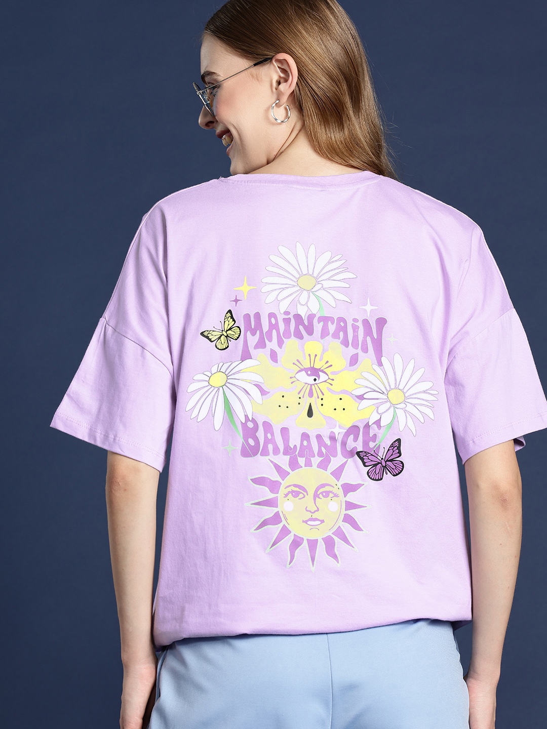 

Mast & Harbour Printed Drop-Shoulder Sleeves Pure Cotton Relaxed T-shirt, Lavender