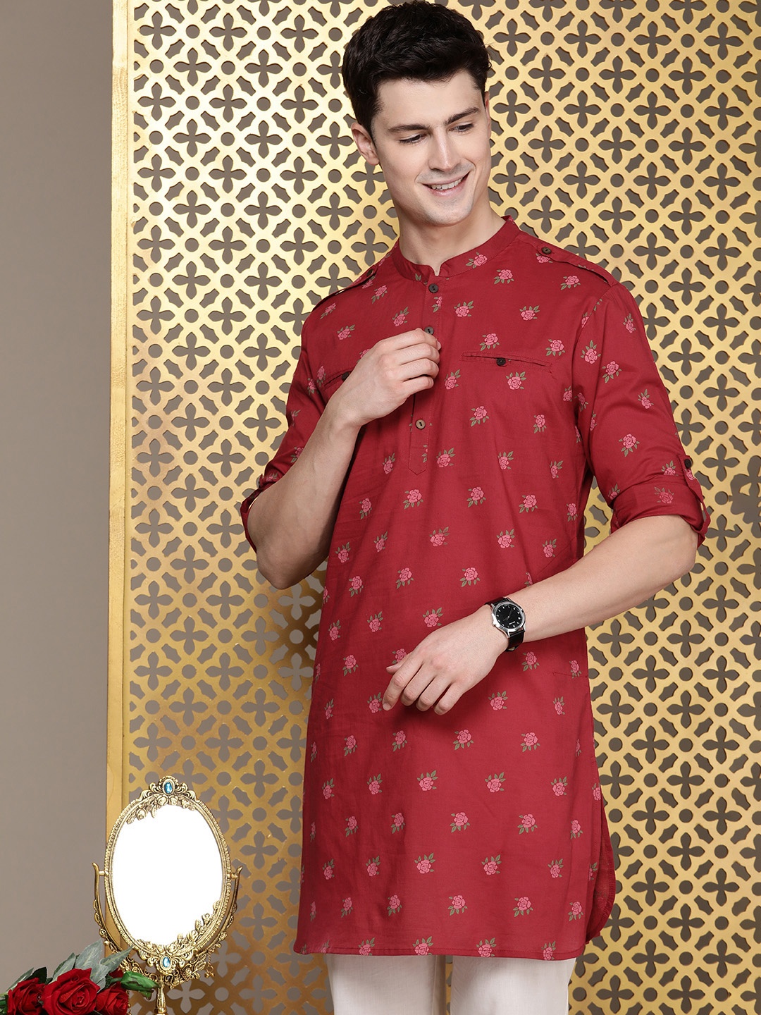 

House of Pataudi Floral Printed Pure Cotton Jashn Kurta, Red