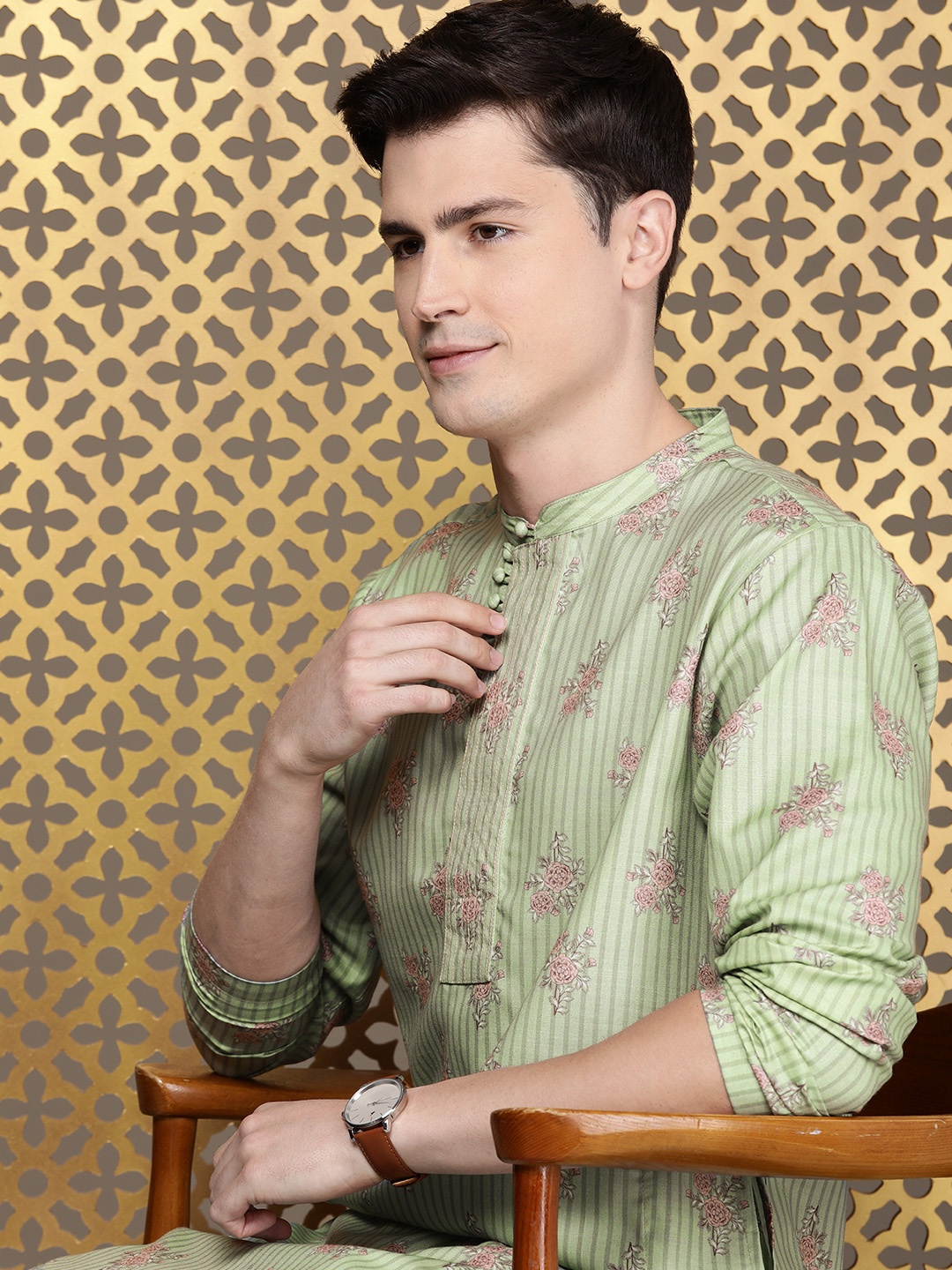 

House of Pataudi Men Rozana Ethnic Motifs Printed Kurta, Green