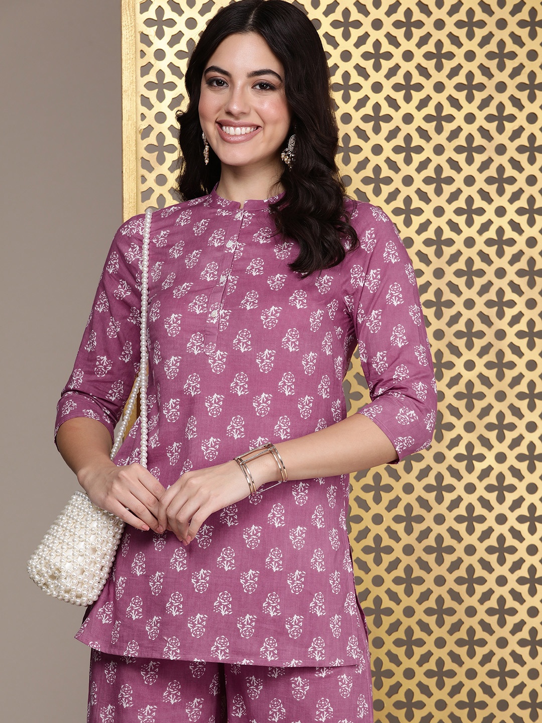 

House of Pataudi Rozana Ethnic Motifs Printed Pure Cotton Kurti with Trousers, Purple