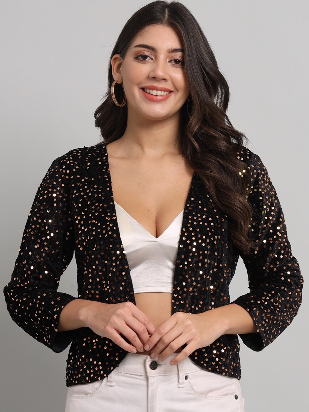 

urSense Self Design Embellished Crop Open Front Shrug, Coffee brown