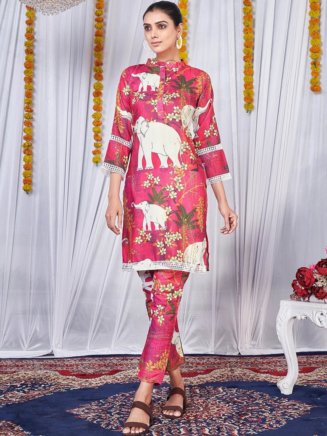 

KALINI Ethnic Motifs Printed Mandarin Collar Regular Kurta With Trousers, Pink