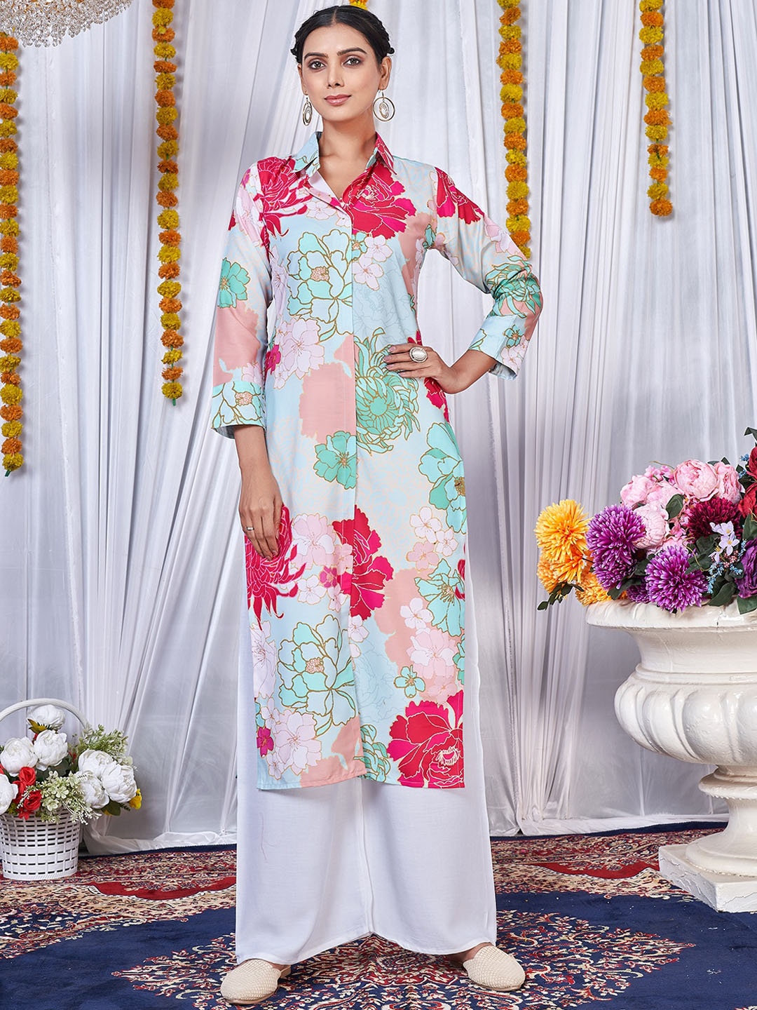 

KALINI Floral Printed Shirt Collar Regular Kurta With Palazzos, White