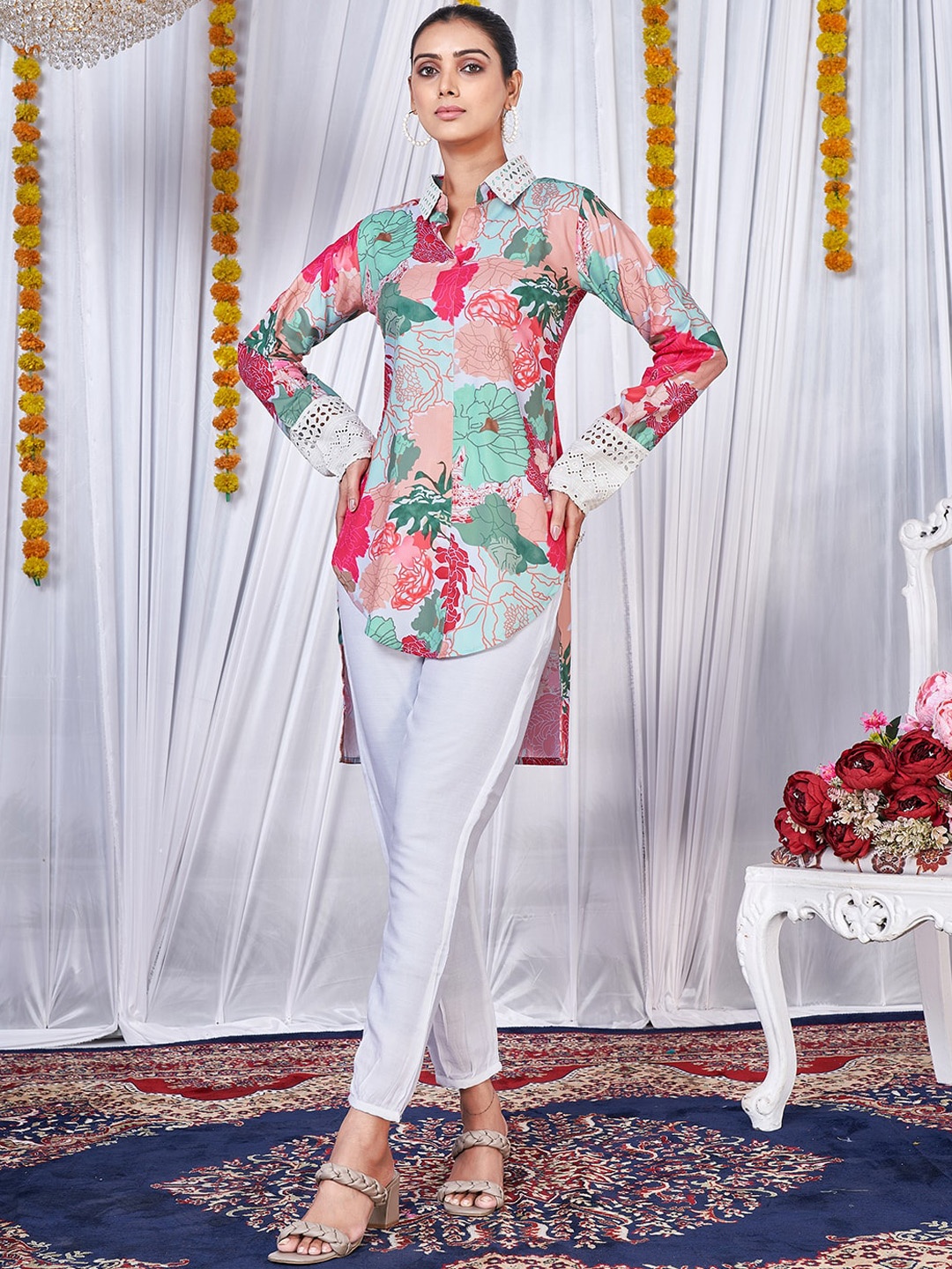

KALINI Floral Printed Shirt Collar Long Sleeves Regular Kurta With Trousers, White