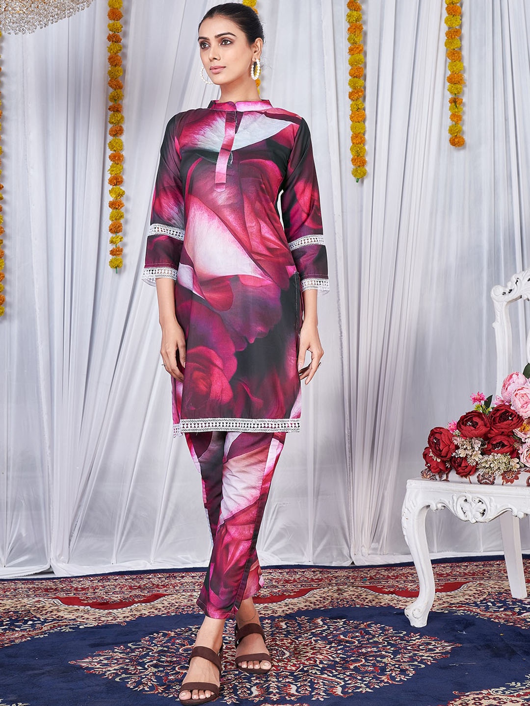 

KALINI Floral Printed Mandarin Collar Kurta With Trousers, Pink