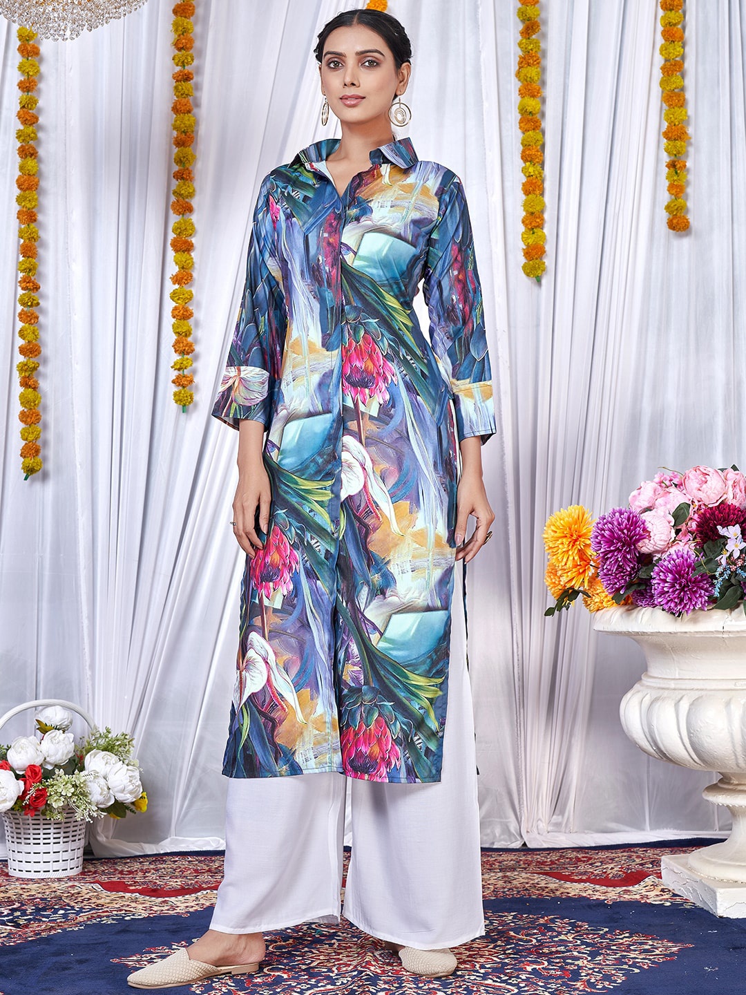 

KALINI Floral Printed Shirt Collar A-Line Kurta with Palazzos, Blue