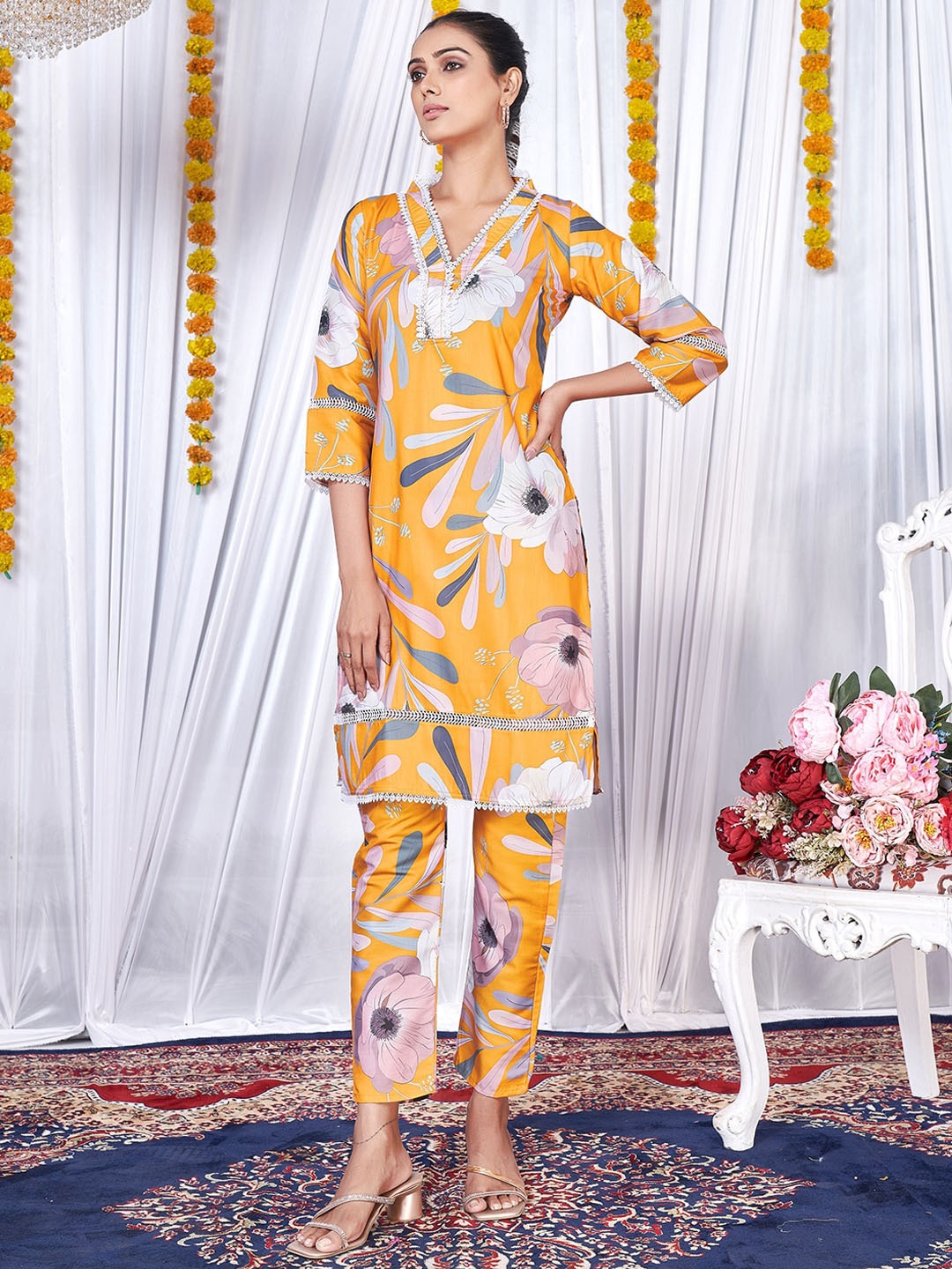 

KALINI Floral Printed Laced A-Line Kurta With Trousers, Yellow