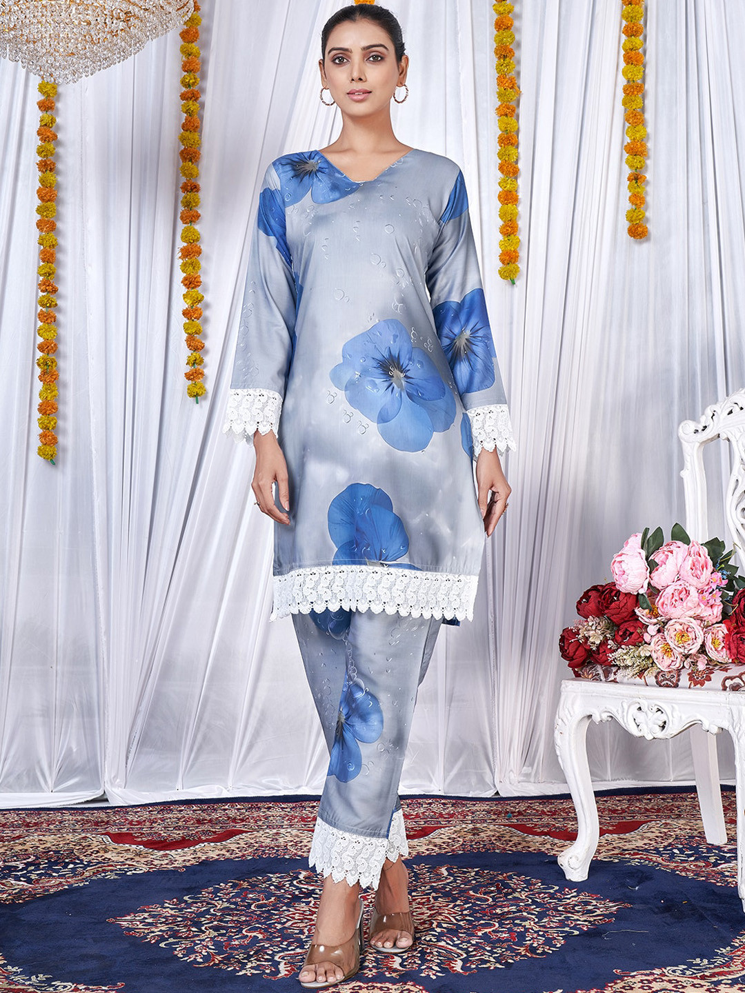

KALINI Floral Printed Laced A-Line Kurta With Trousers, Blue